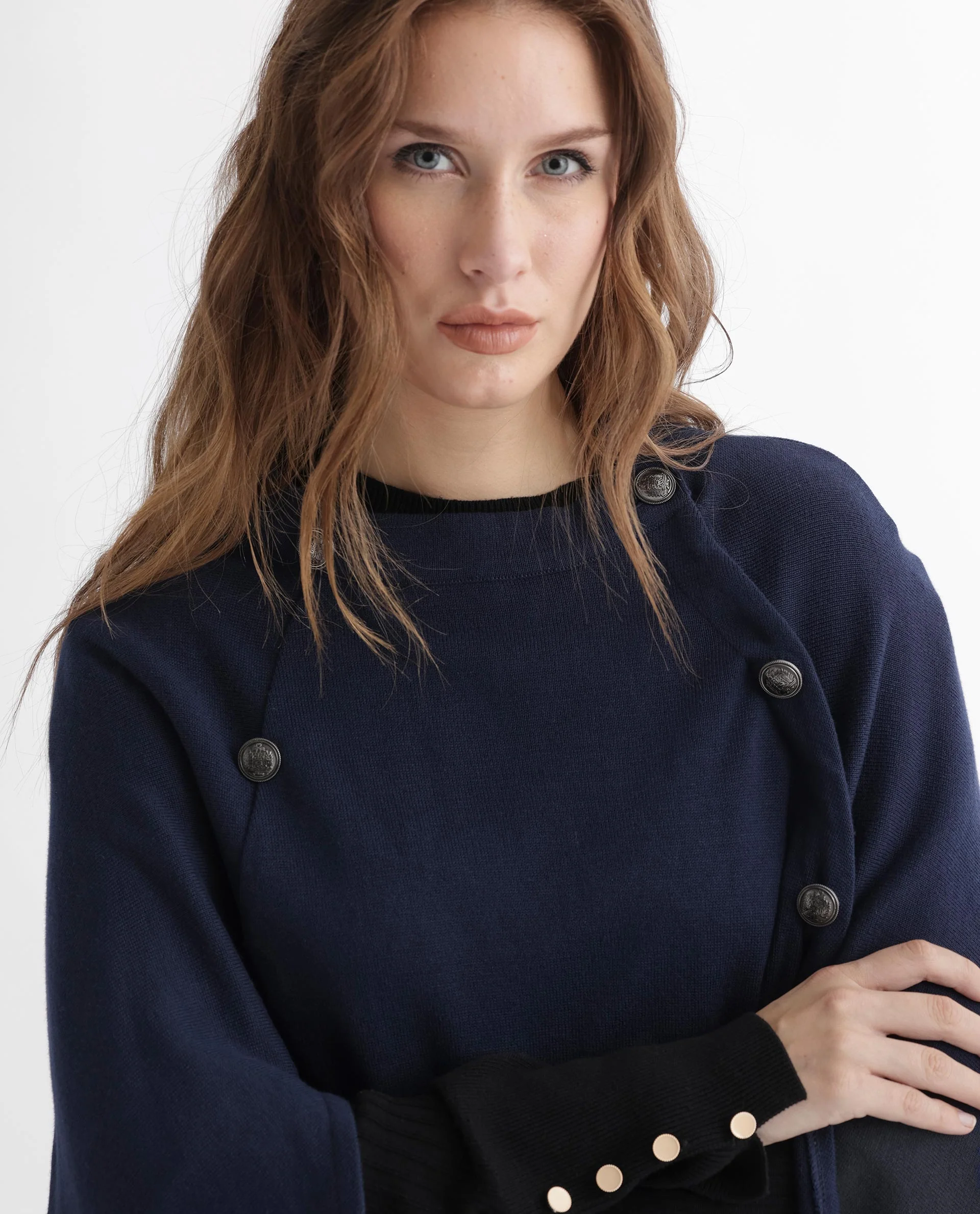 Rareism Women's Finley Navy Cotton Collarless Plain Cape Sleeve Relaxed Fit Sweater - Image 9