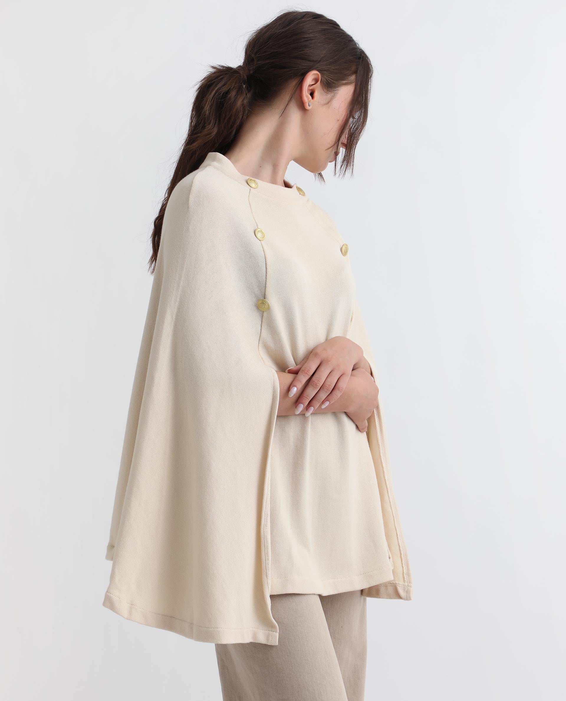 Rareism Women's Finley Offwhite Cotton Collarless Plain Cape Sleeve Relaxed Fit Sweater - Image 11