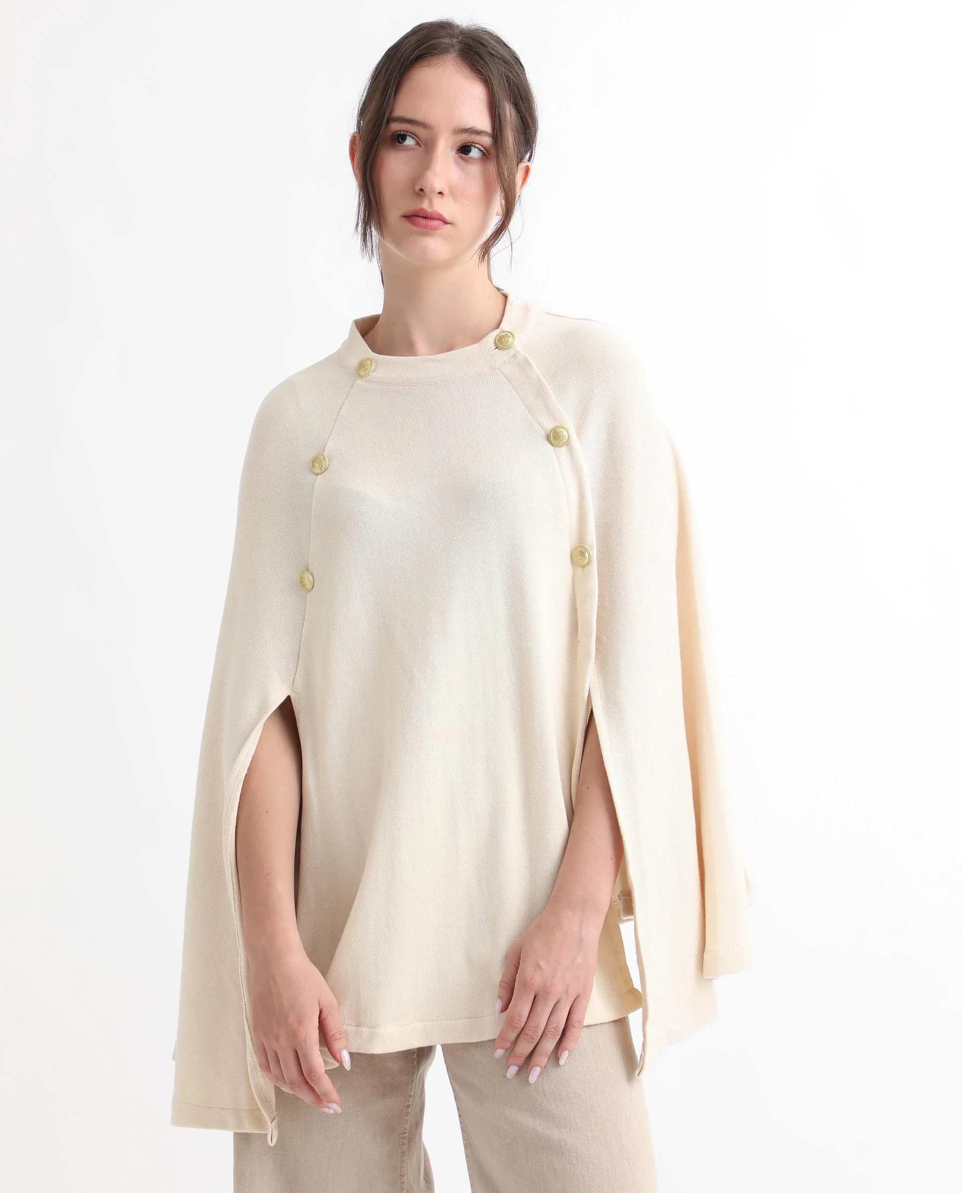 Rareism Women's Finley Offwhite Cotton Collarless Plain Cape Sleeve Relaxed Fit Sweater - Image 12