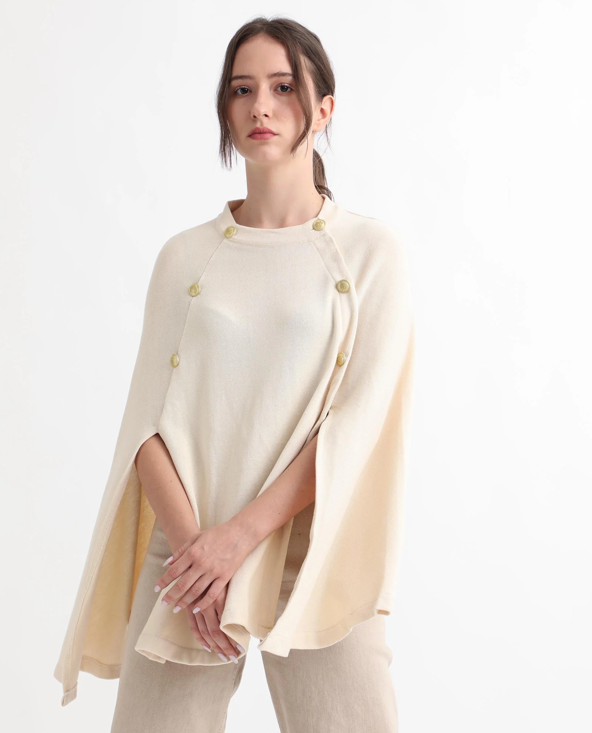 Rareism Women's Finley Offwhite Cotton Collarless Plain Cape Sleeve Relaxed Fit Sweater - Image 13