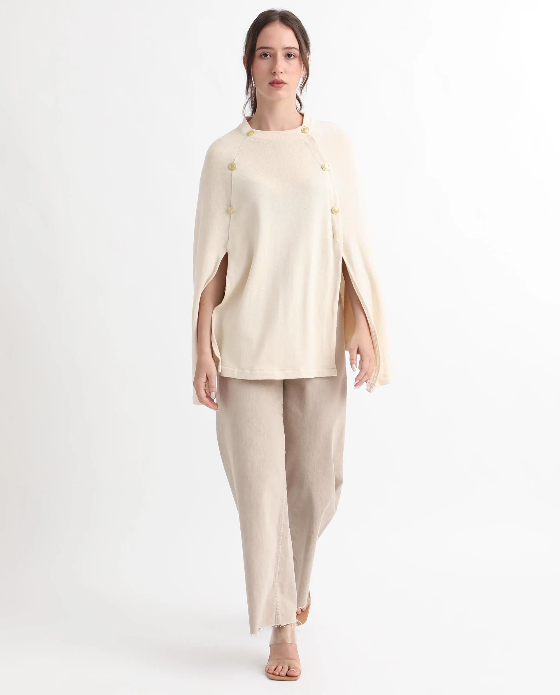 Rareism Women's Finley Offwhite Cotton Collarless Plain Cape Sleeve Relaxed Fit Sweater - Image 2