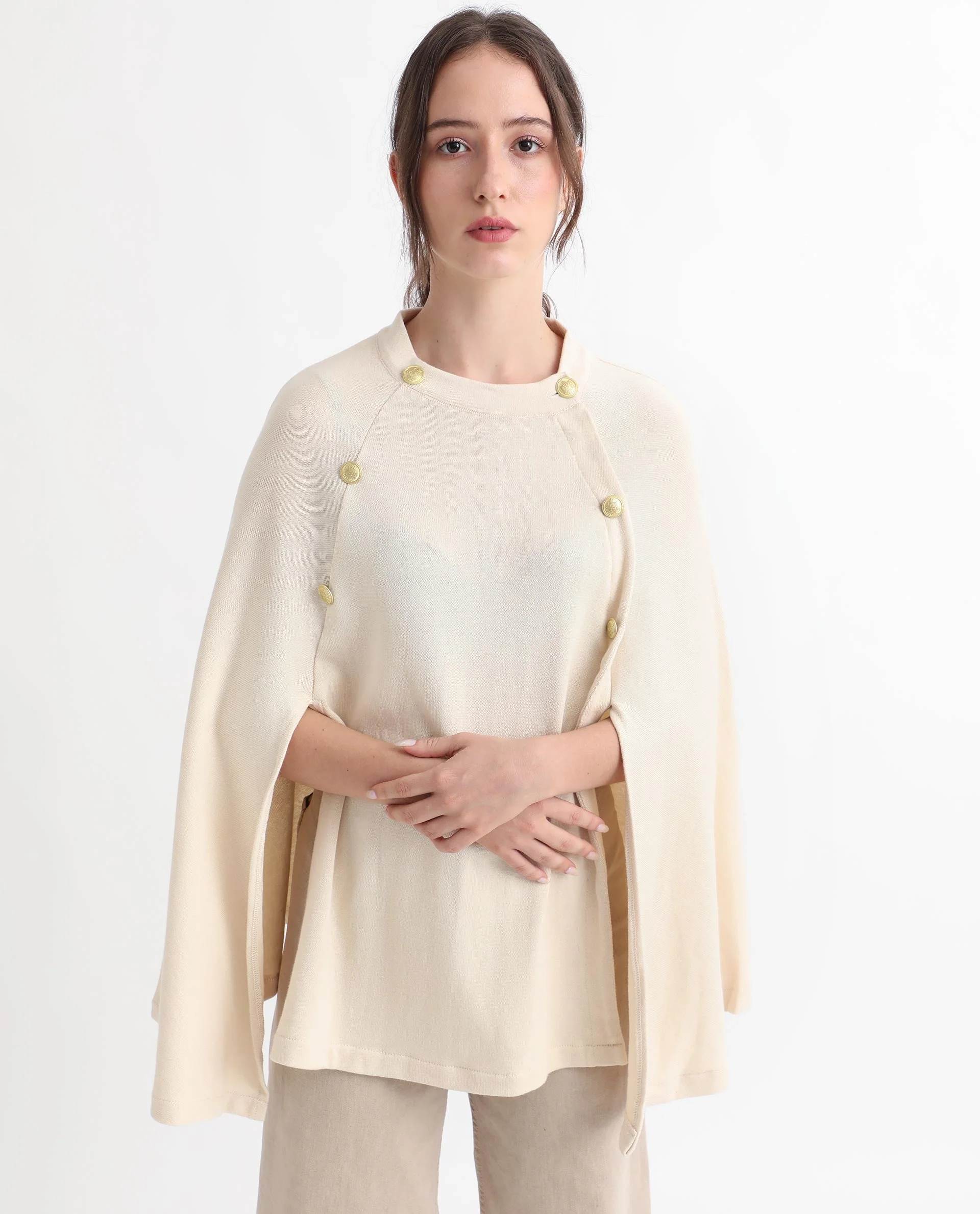 Rareism Women's Finley Offwhite Cotton Collarless Plain Cape Sleeve Relaxed Fit Sweater - Image 4