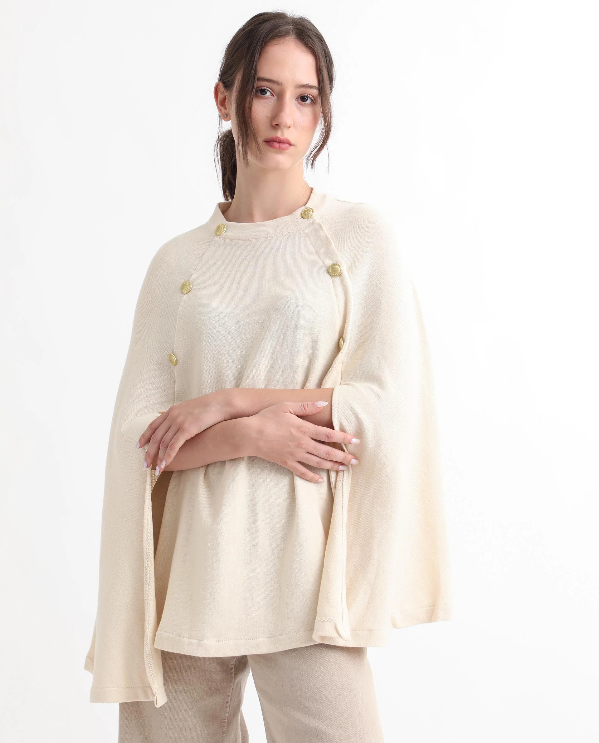 Rareism Women's Finley Offwhite Cotton Collarless Plain Cape Sleeve Relaxed Fit Sweater - Image 5