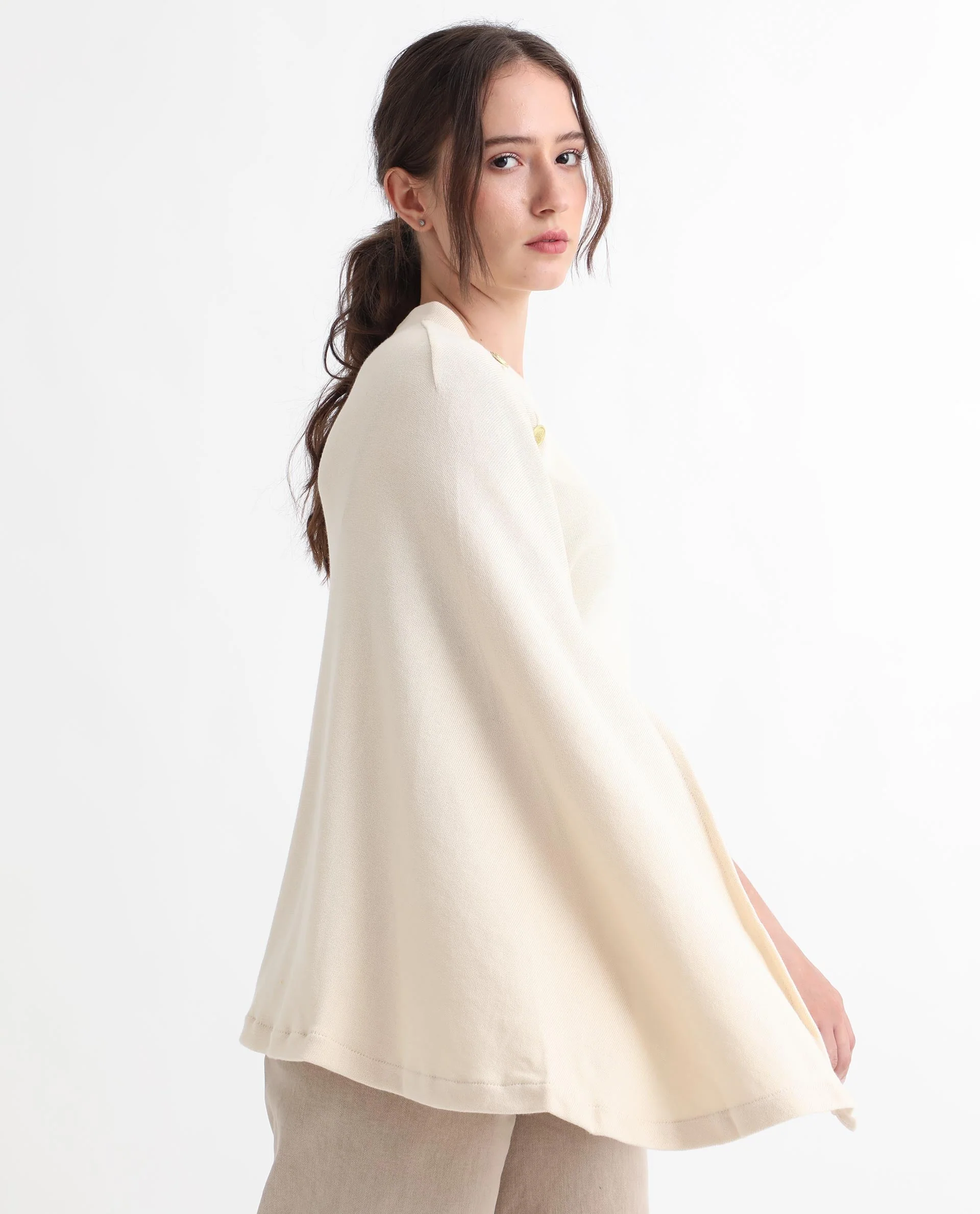 Rareism Women's Finley Offwhite Cotton Collarless Plain Cape Sleeve Relaxed Fit Sweater - Image 7