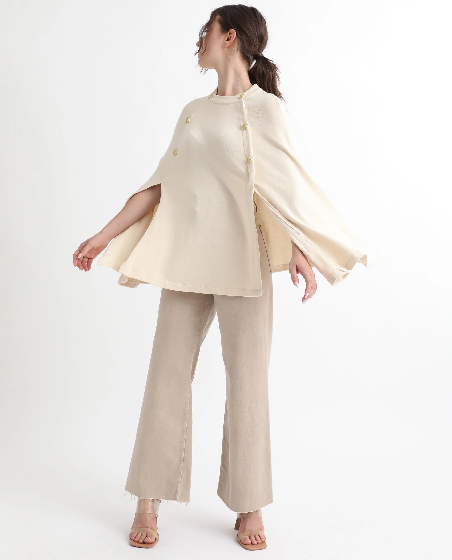 Rareism Women's Finley Offwhite Cotton Collarless Plain Cape Sleeve Relaxed Fit Sweater - Image 8