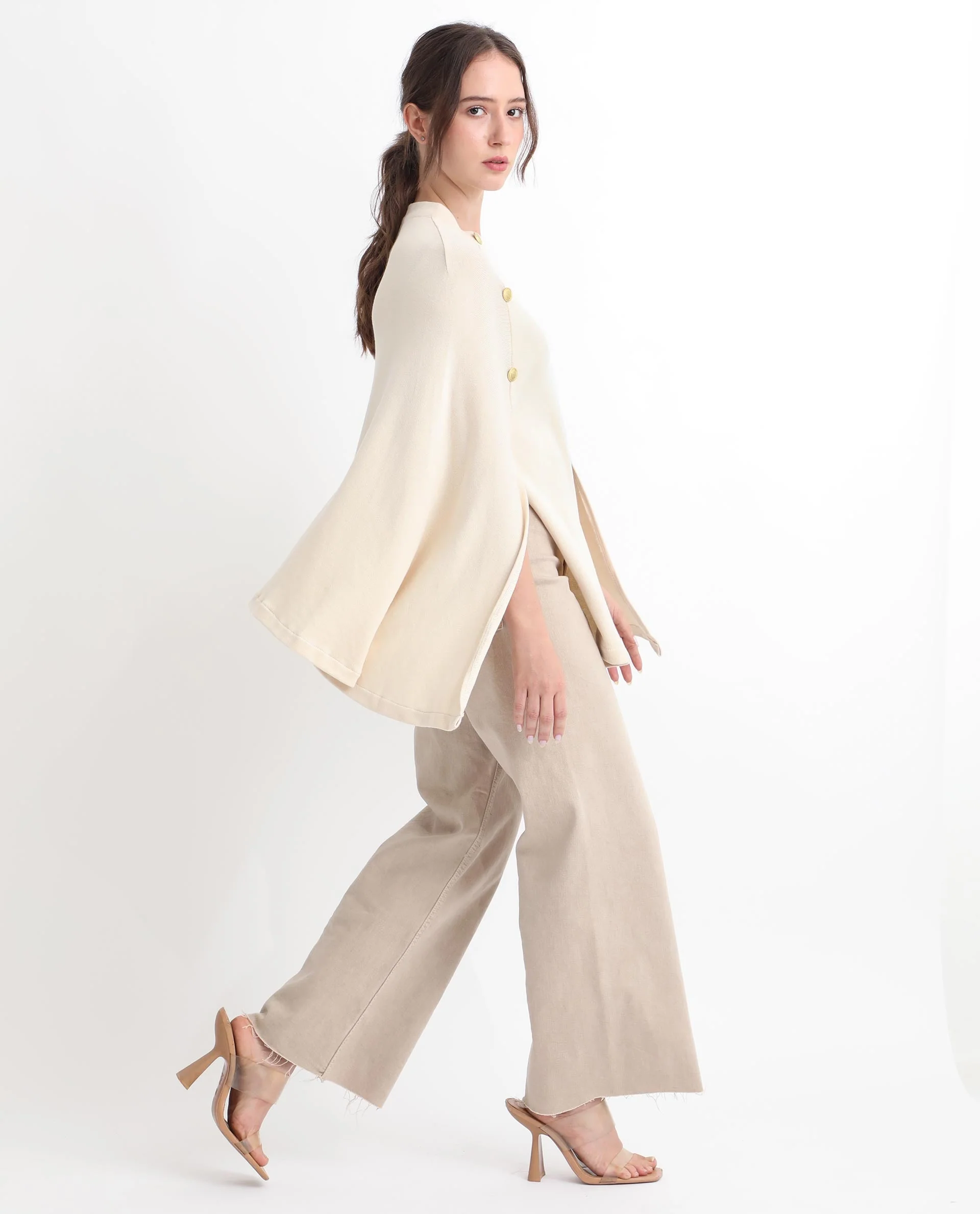 Rareism Women's Finley Offwhite Cotton Collarless Plain Cape Sleeve Relaxed Fit Sweater - Image 9