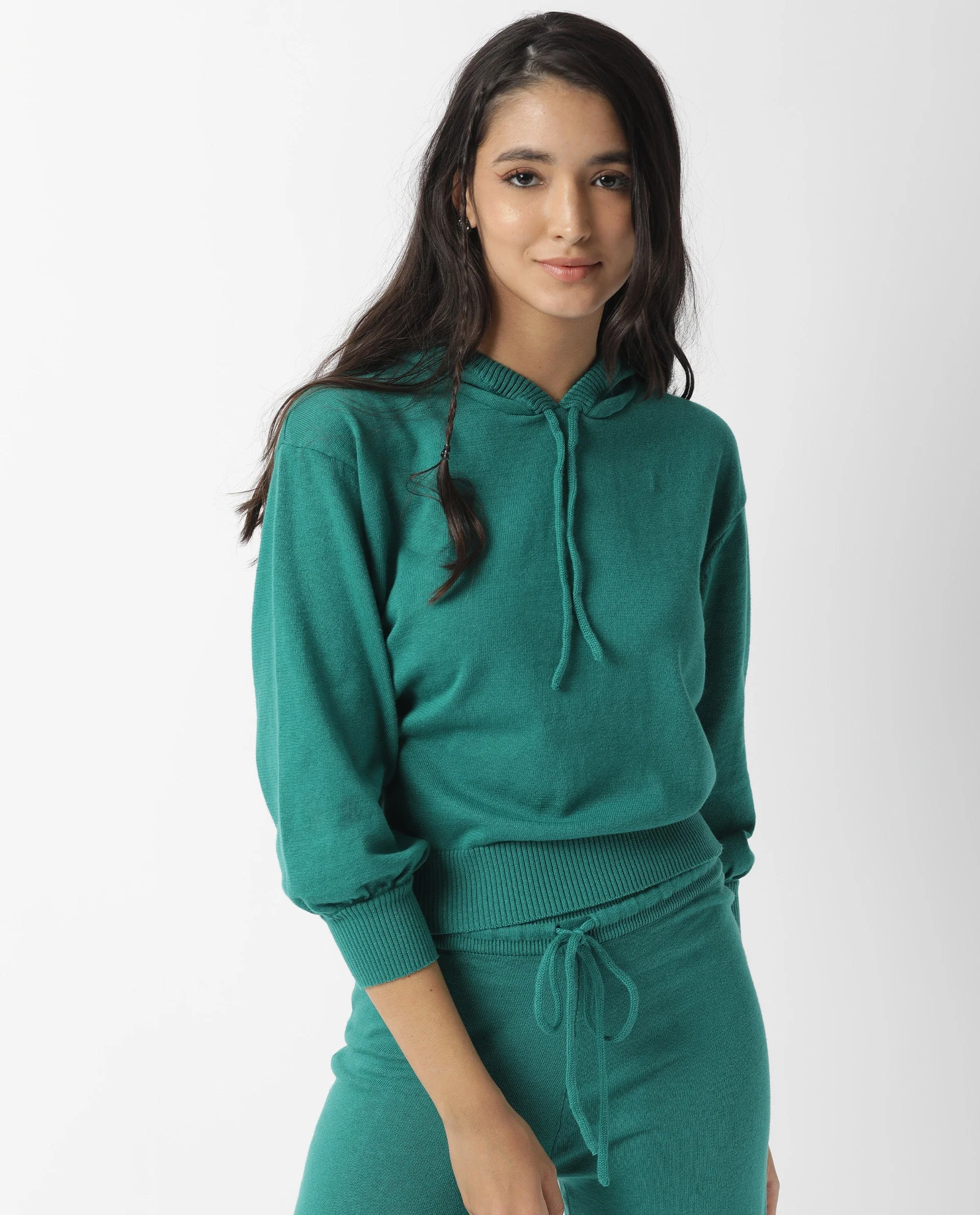 Rareism Women's Finn Sweat Green Cotton Hooded Plain Relaxed Fit Sweater - Image 9