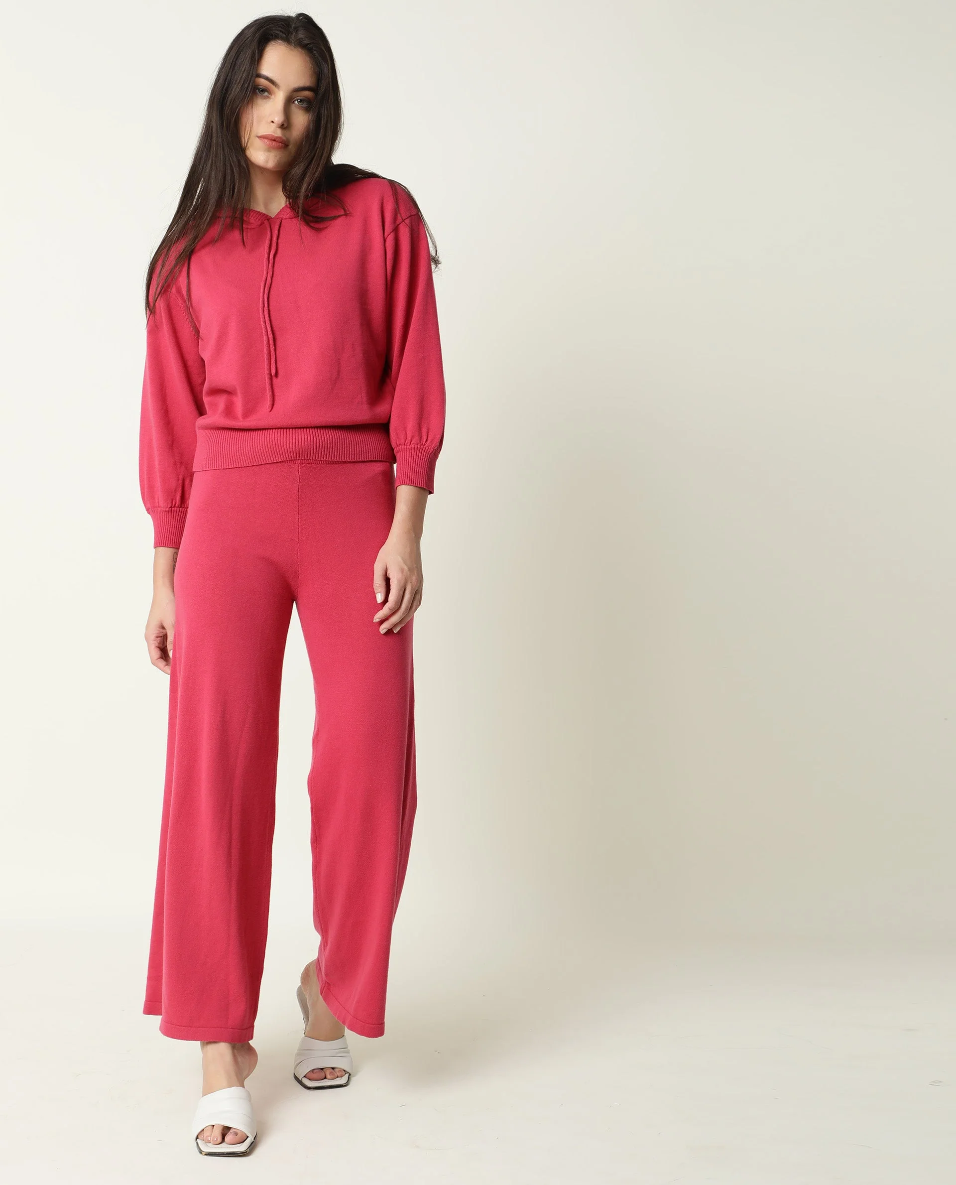 Rareism Women's Finn Light Pink Cotton Hooded Plain Knee Length Straight Fit Track Suit - Image 2