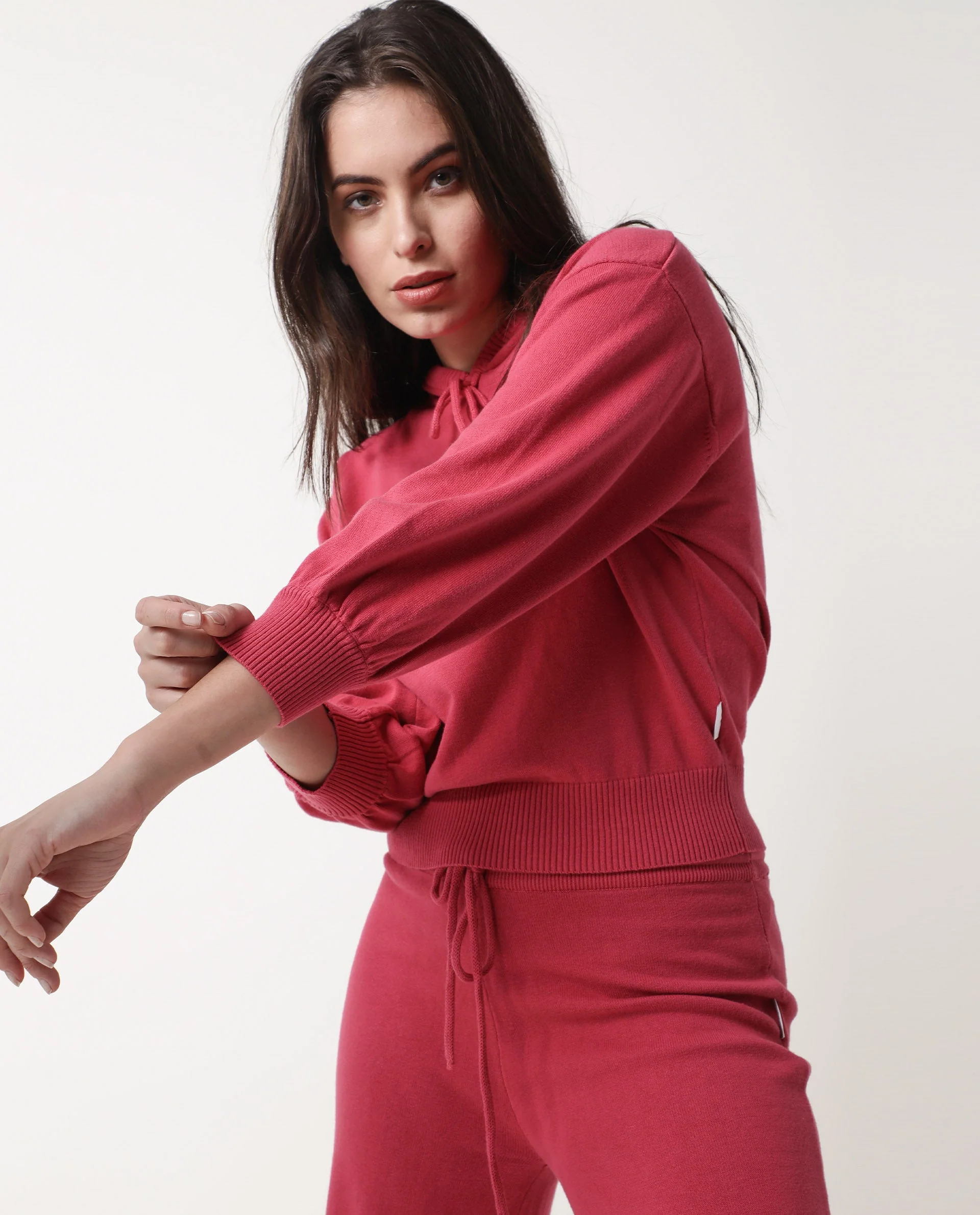 Rareism Women's Finn Light Pink Cotton Hooded Plain Knee Length Straight Fit Track Suit - Image 4