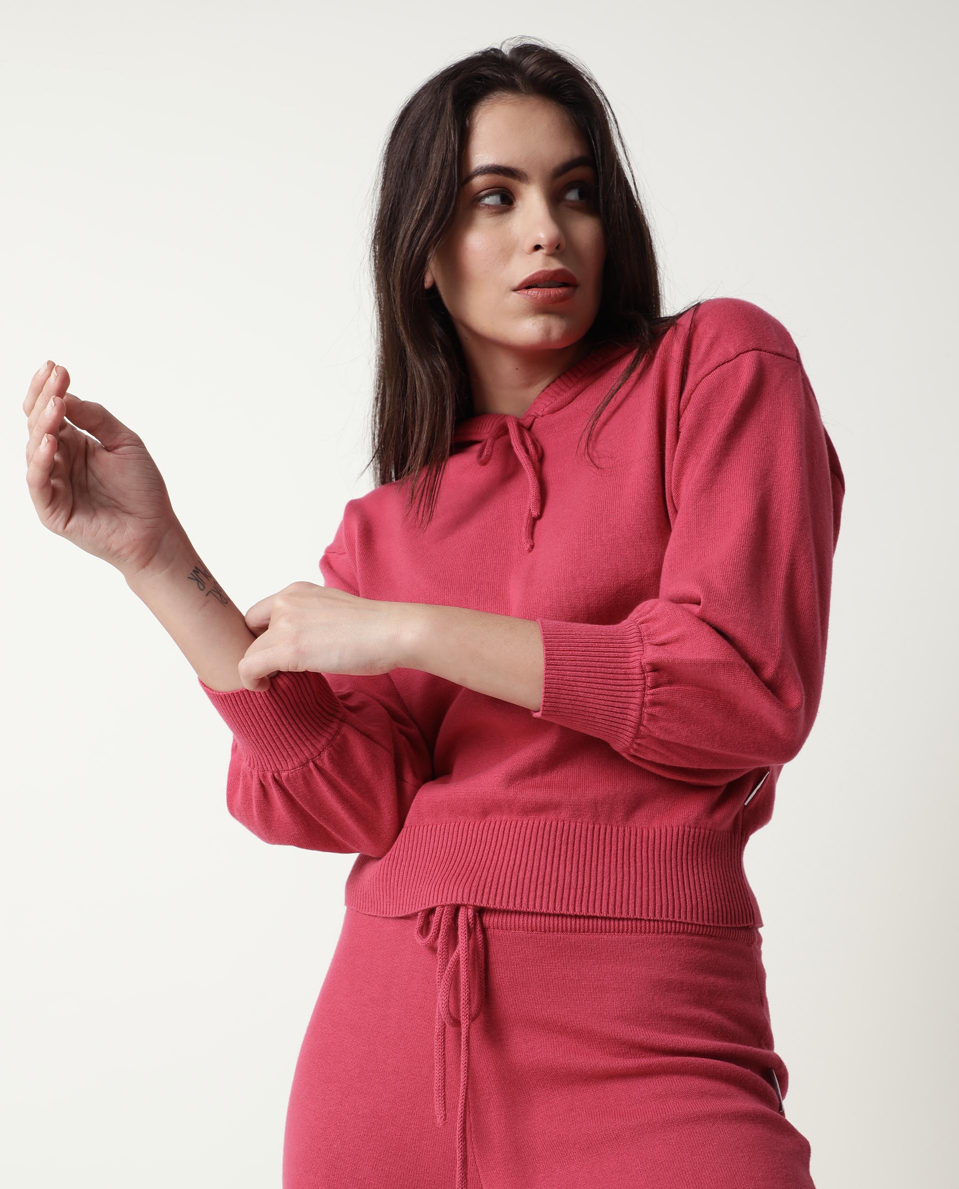 Rareism Women's Finn Light Pink Cotton Hooded Plain Knee Length Straight Fit Track Suit - Image 5