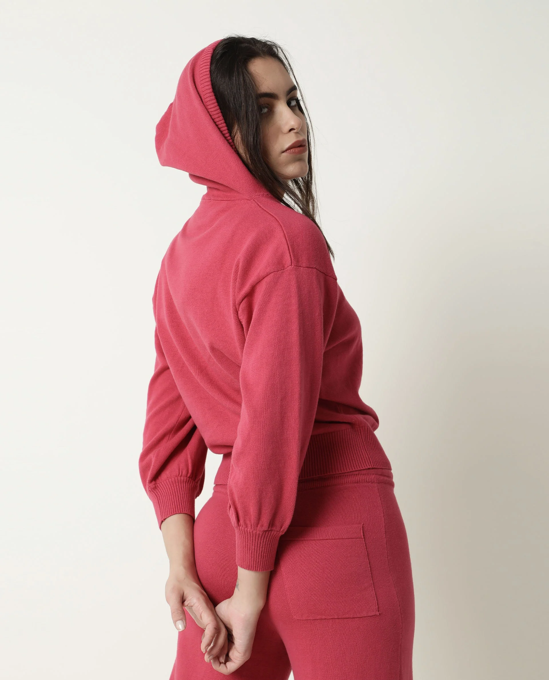 Rareism Women's Finn Light Pink Cotton Hooded Plain Knee Length Straight Fit Track Suit - Image 6