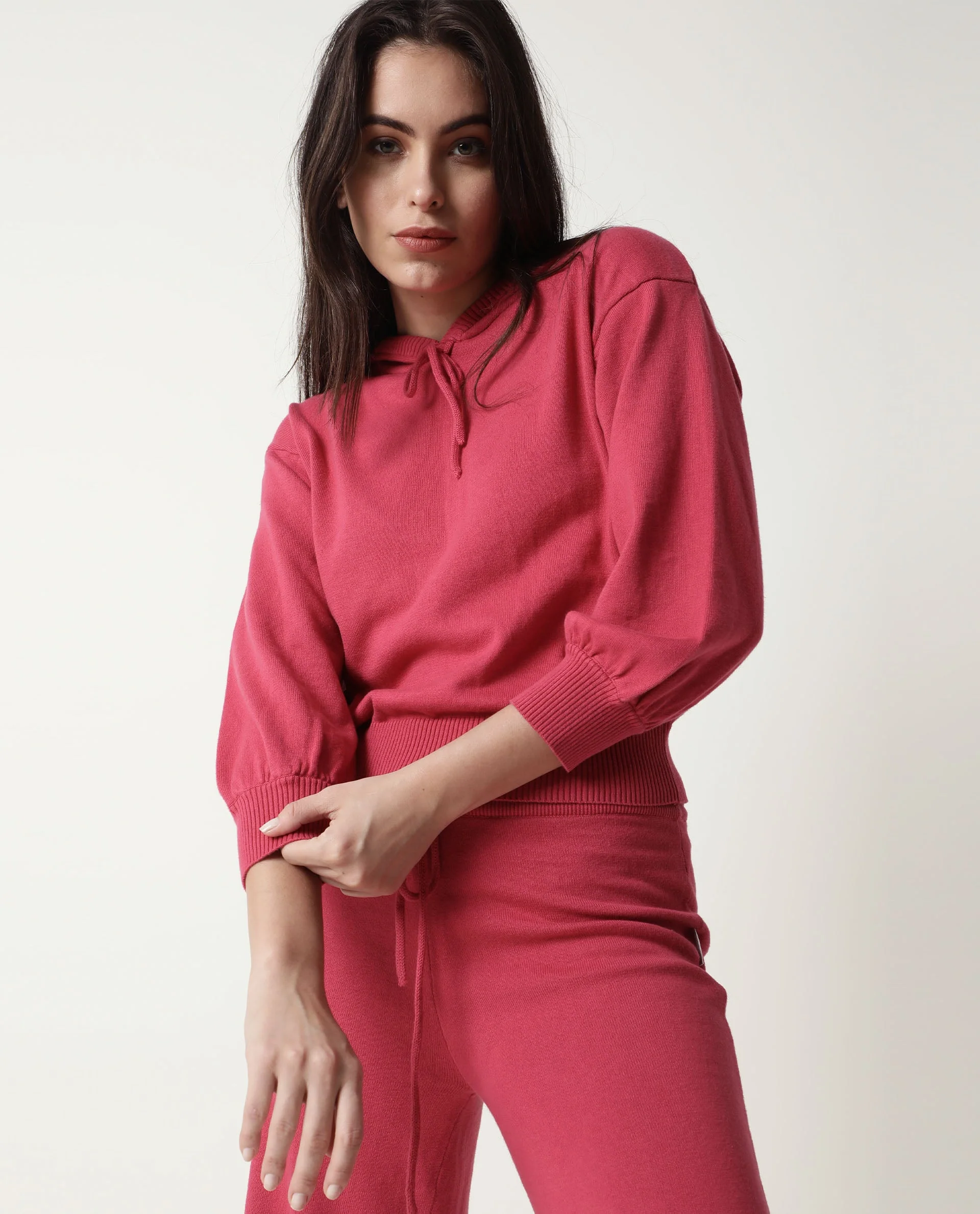 Rareism Women's Finn Light Pink Cotton Hooded Plain Knee Length Straight Fit Track Suit - Image 8