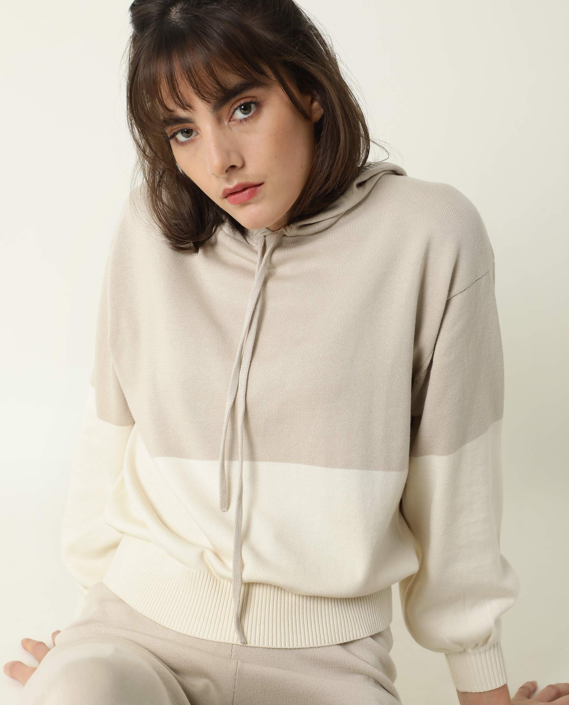 Rareism Women's Finnet Beige Cotton Hooded Color Block Relaxed Fit Sweater - Image 11