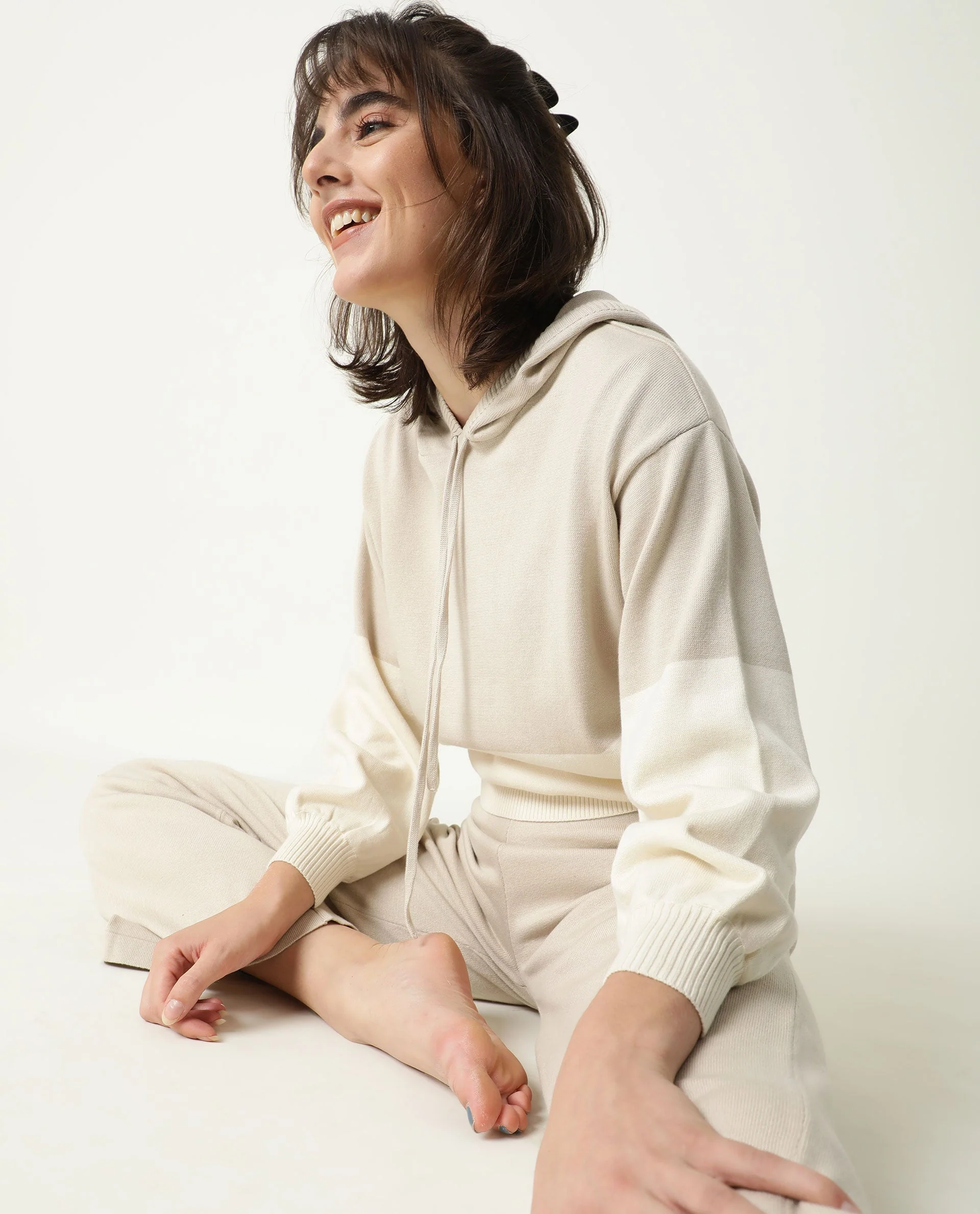 Rareism Women's Finnet Beige Cotton Hooded Color Block Relaxed Fit Sweater - Image 12
