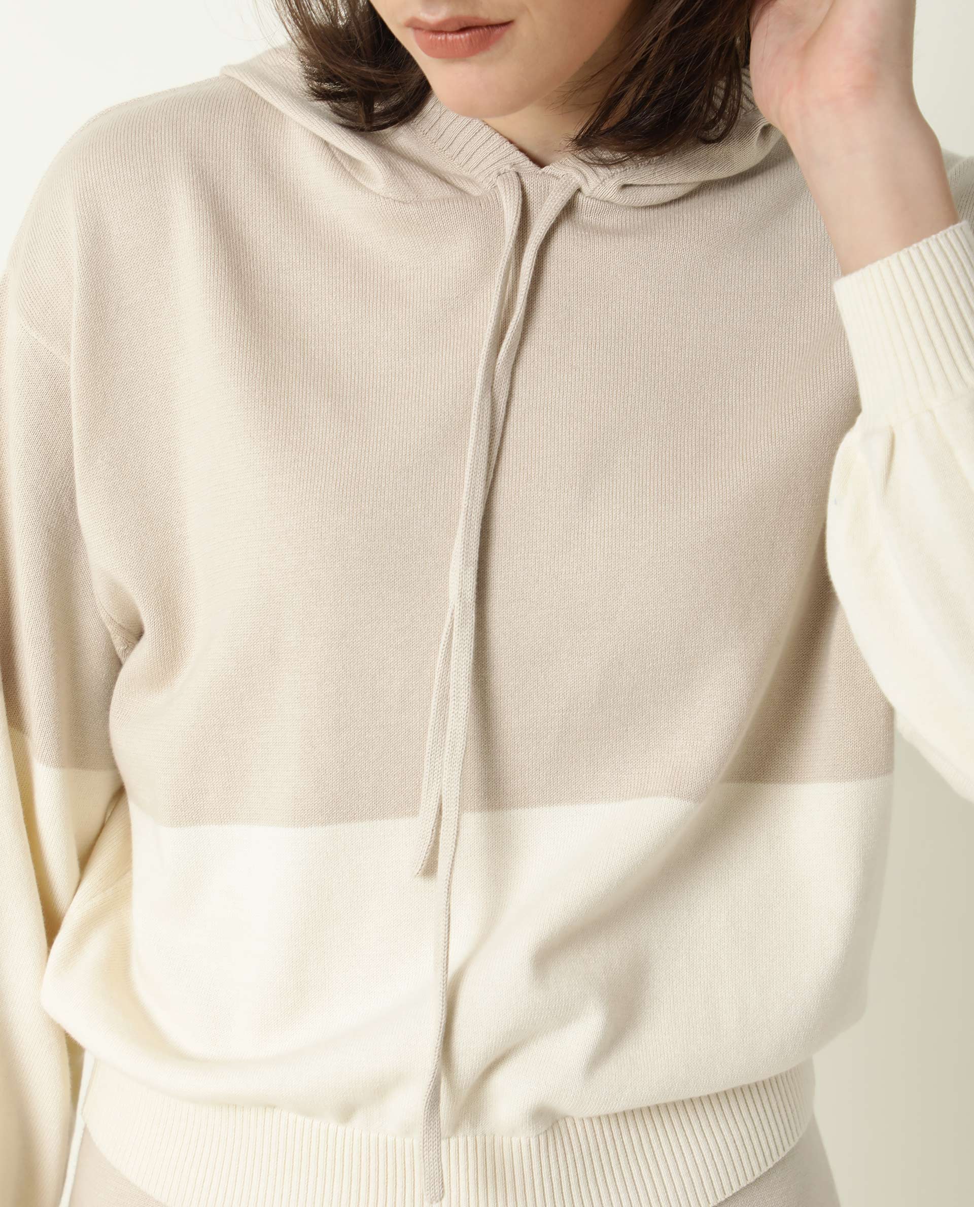 Rareism Women's Finnet Beige Cotton Hooded Color Block Relaxed Fit Sweater - Image 2