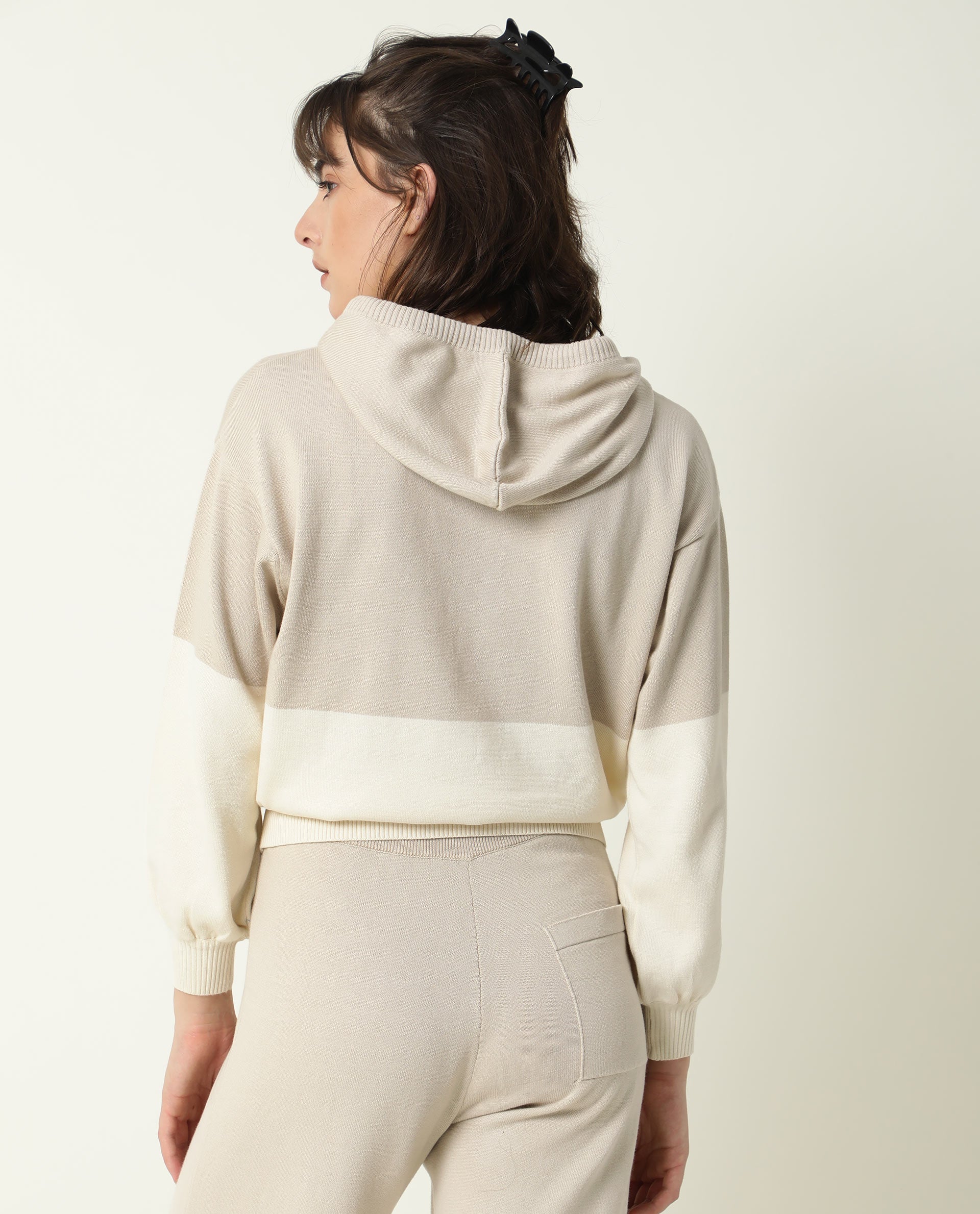Rareism Women's Finnet Beige Cotton Hooded Color Block Relaxed Fit Sweater - Image 4