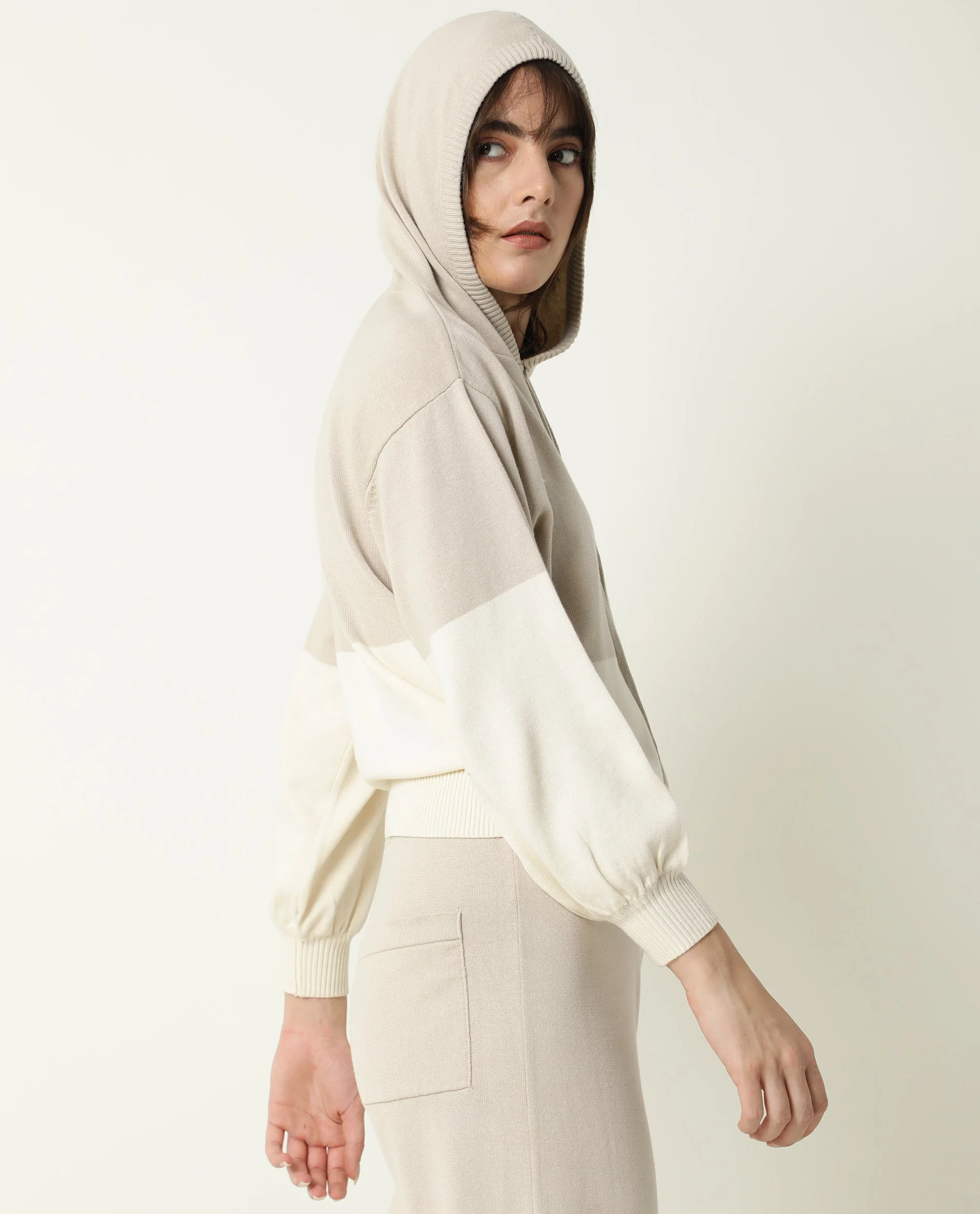 Rareism Women's Finnet Beige Cotton Hooded Color Block Relaxed Fit Sweater - Image 7