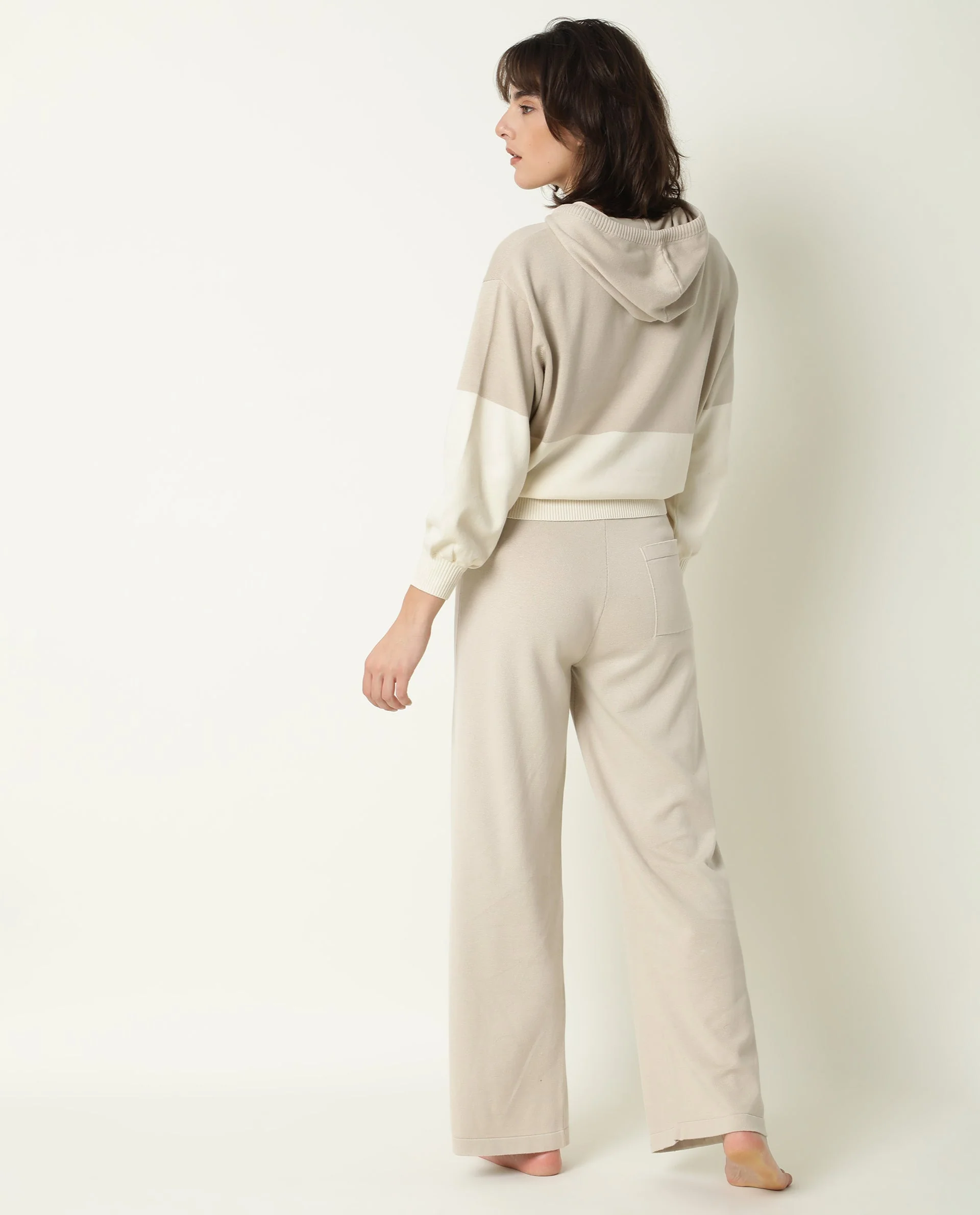 Rareism Women's Finnet Beige Cotton Hooded Color Block Relaxed Fit Sweater - Image 8