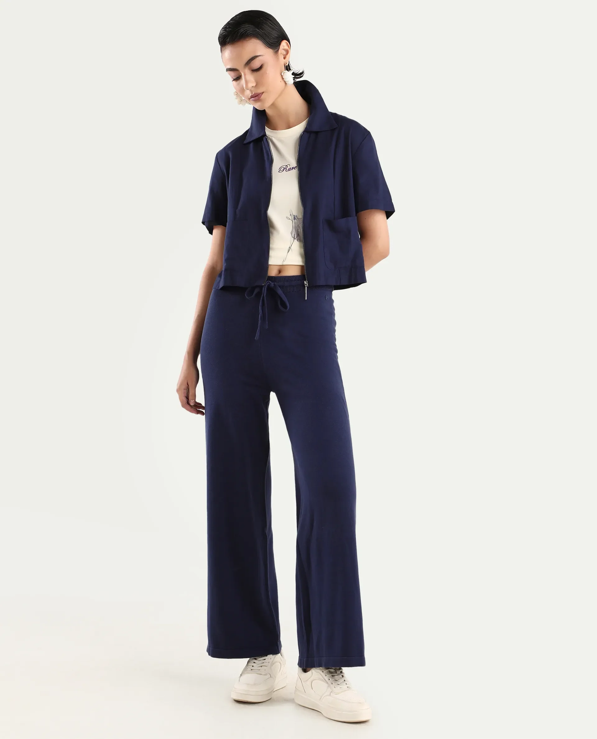 Rareism Women's Finnet B Navy Knit Plain Ankle Length Wide Leg Track Pant - Image 2