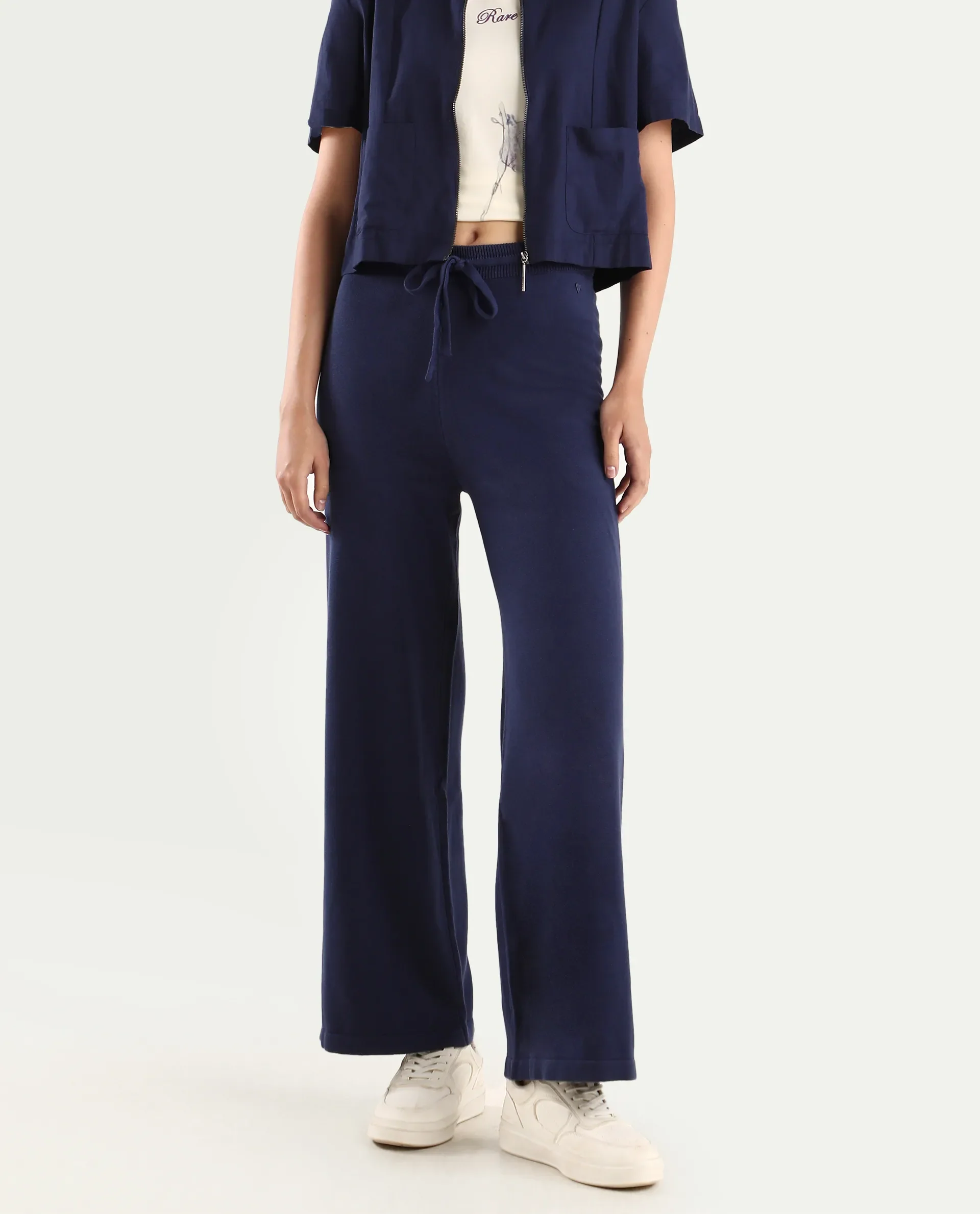 Rareism Women's Finnet B Navy Knit Plain Ankle Length Wide Leg Track Pant - Image 3