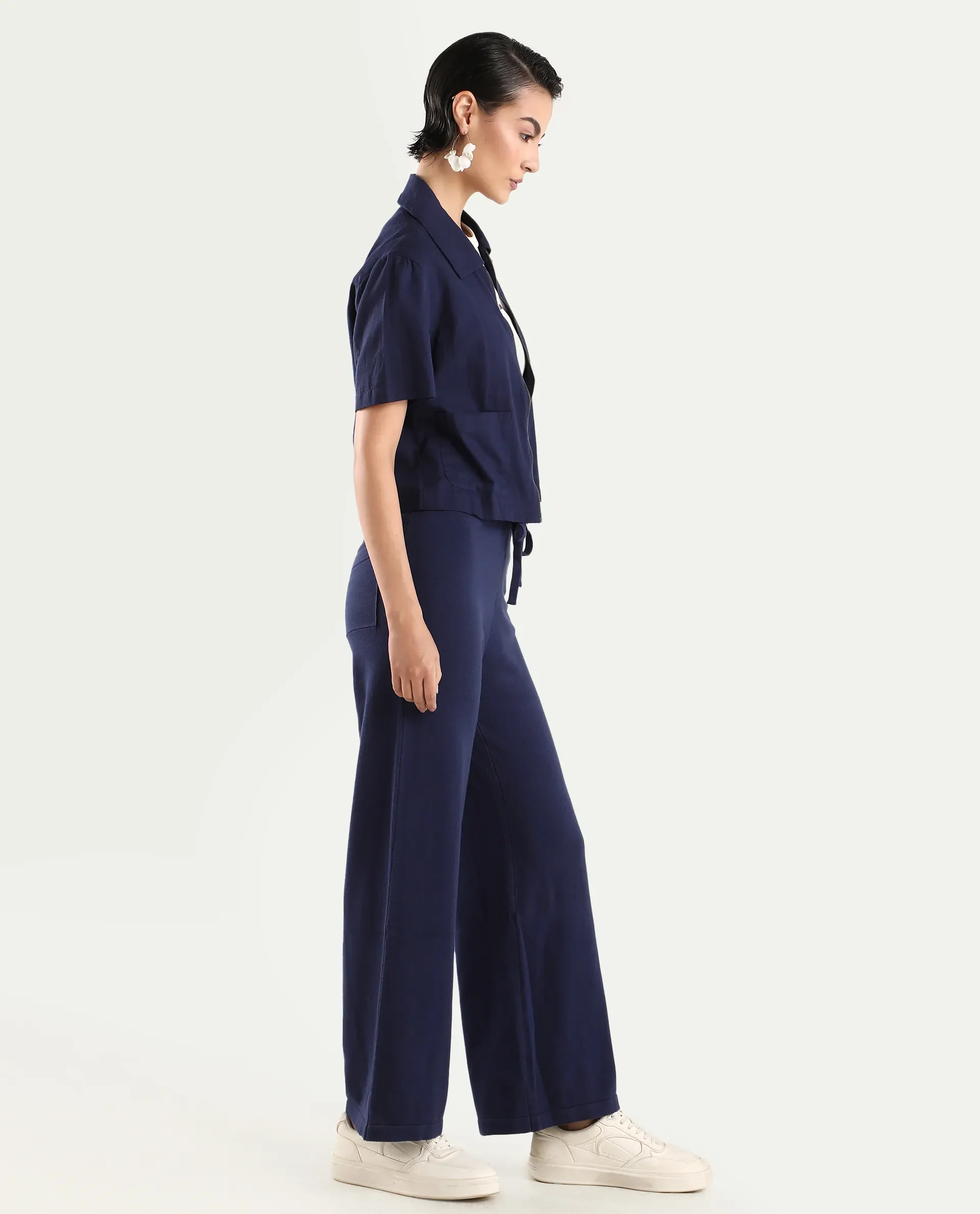 Rareism Women's Finnet B Navy Knit Plain Ankle Length Wide Leg Track Pant - Image 7