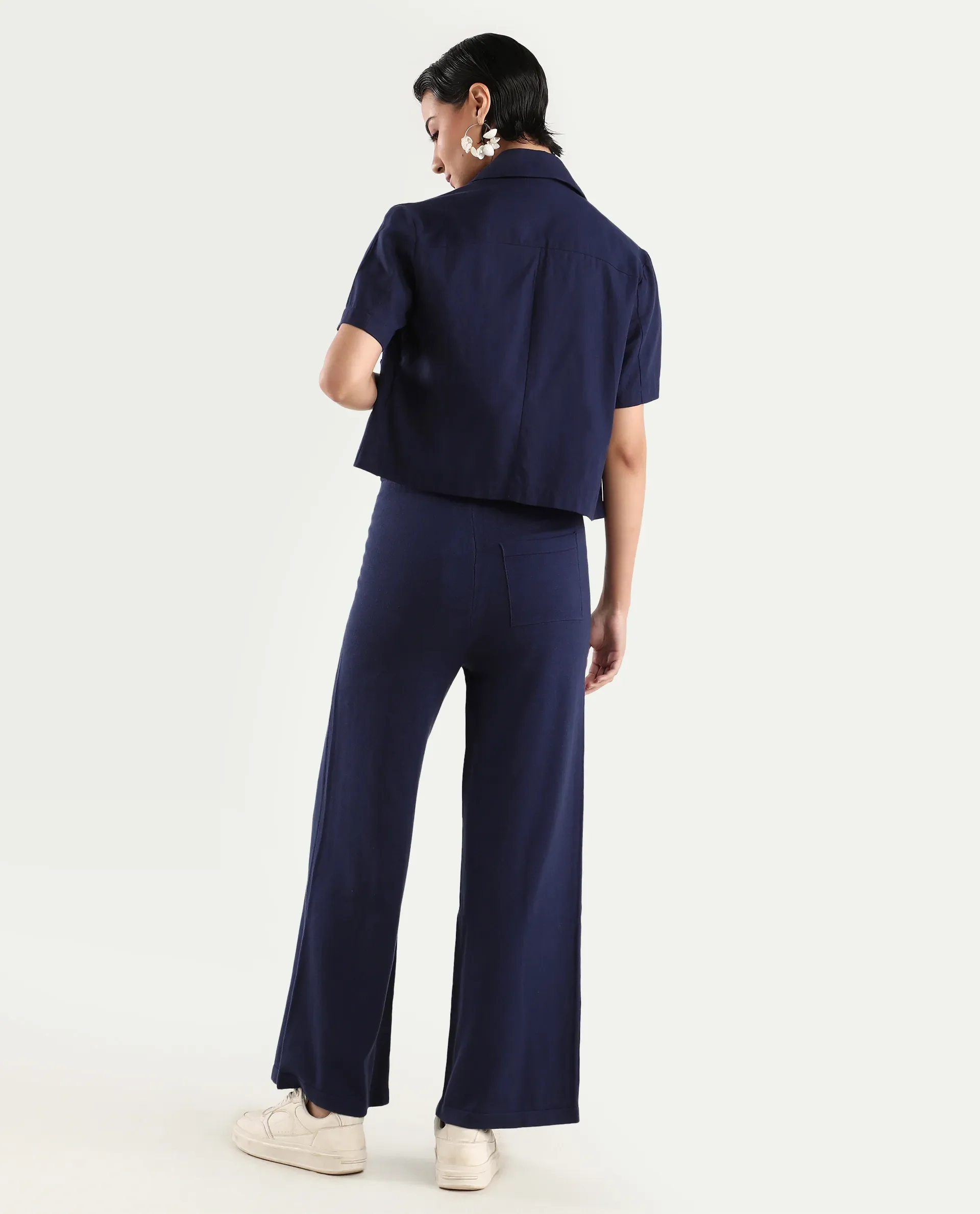Rareism Women's Finnet B Navy Knit Plain Ankle Length Wide Leg Track Pant - Image 9