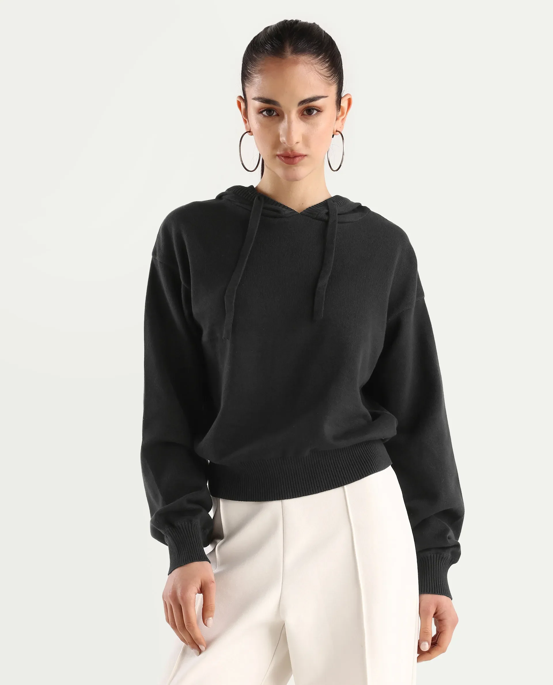 Rareism Women's Finnet T Black Knit Hooded Plain Relaxed Fit Sweater - Image 3