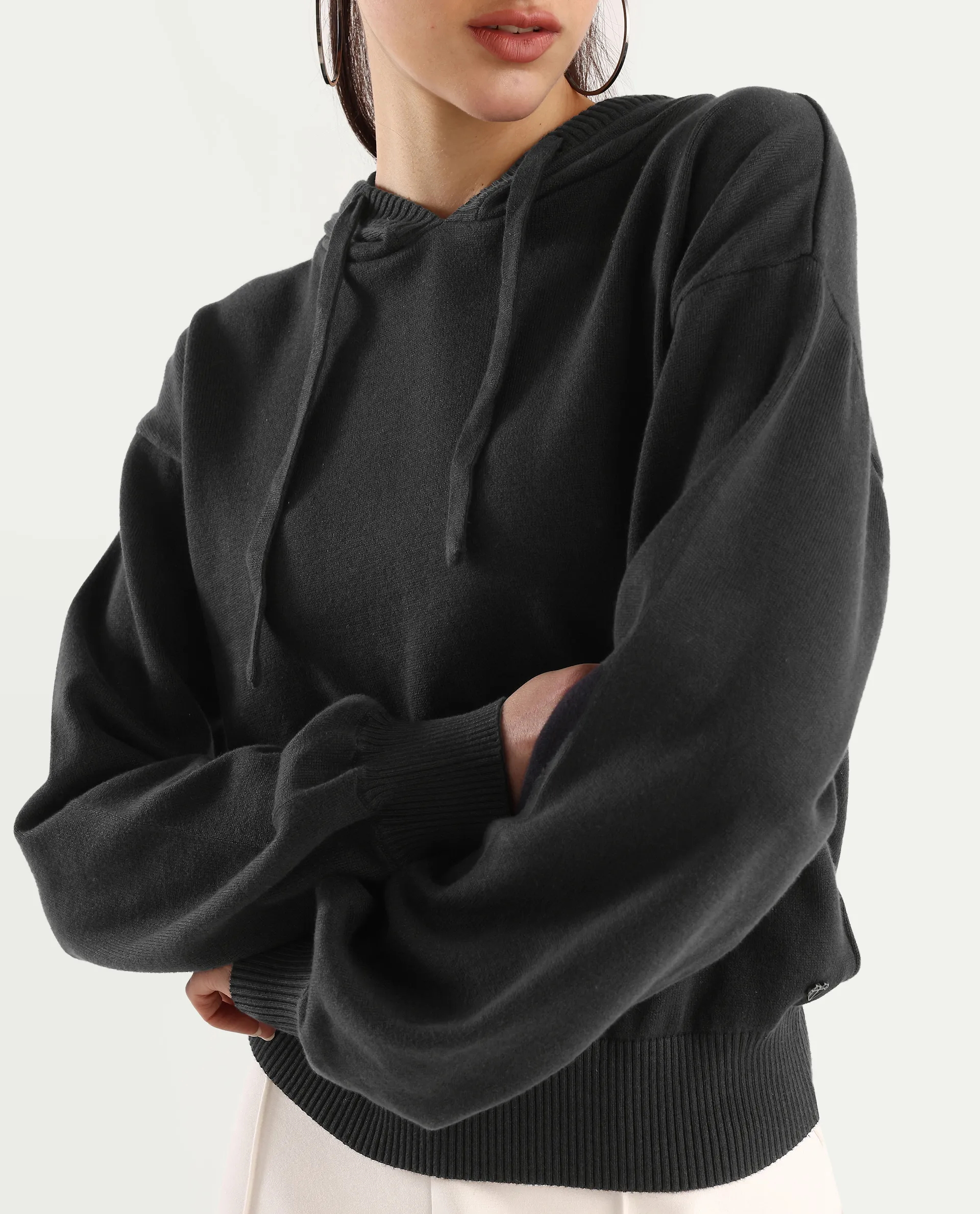 Rareism Women's Finnet T Black Knit Hooded Plain Relaxed Fit Sweater - Image 4
