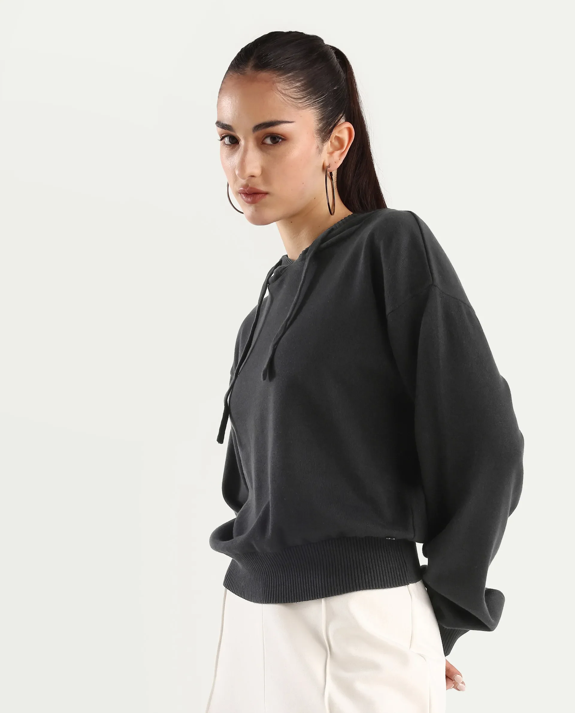 Rareism Women's Finnet T Black Knit Hooded Plain Relaxed Fit Sweater - Image 5
