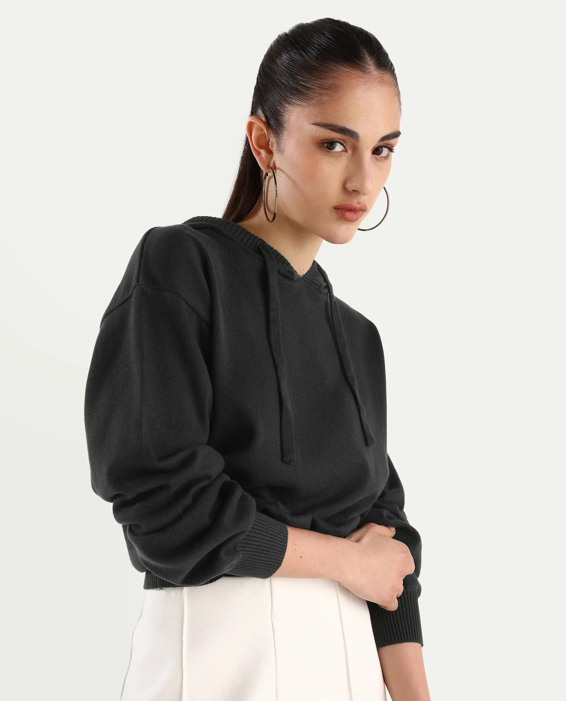 Rareism Women's Finnet T Black Knit Hooded Plain Relaxed Fit Sweater - Image 6