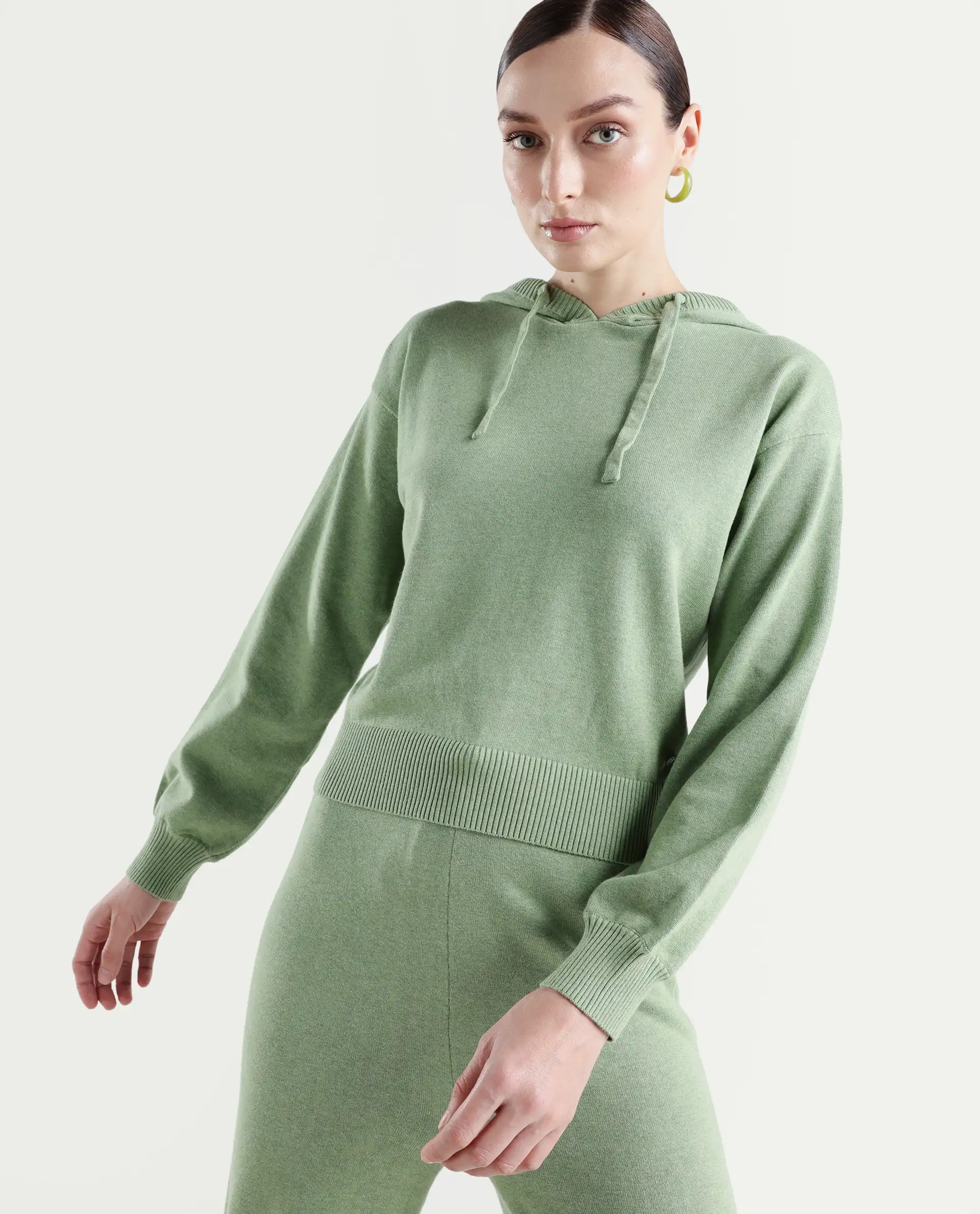Rareism Women's Finnet T Dusky Green Knit Hooded Plain Relaxed Fit Sweater - Image 2