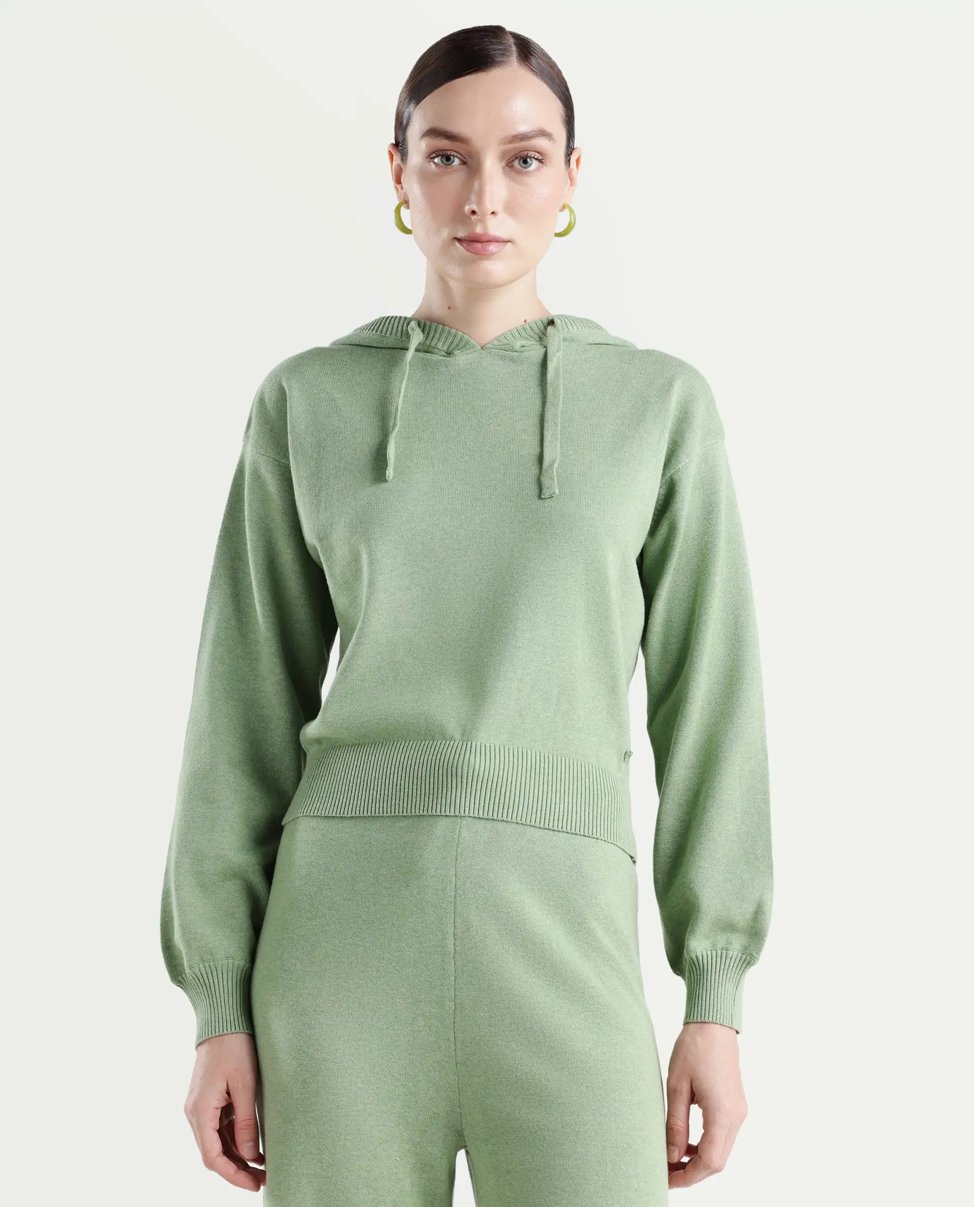 Rareism Women's Finnet T Dusky Green Knit Hooded Plain Relaxed Fit Sweater - Image 4