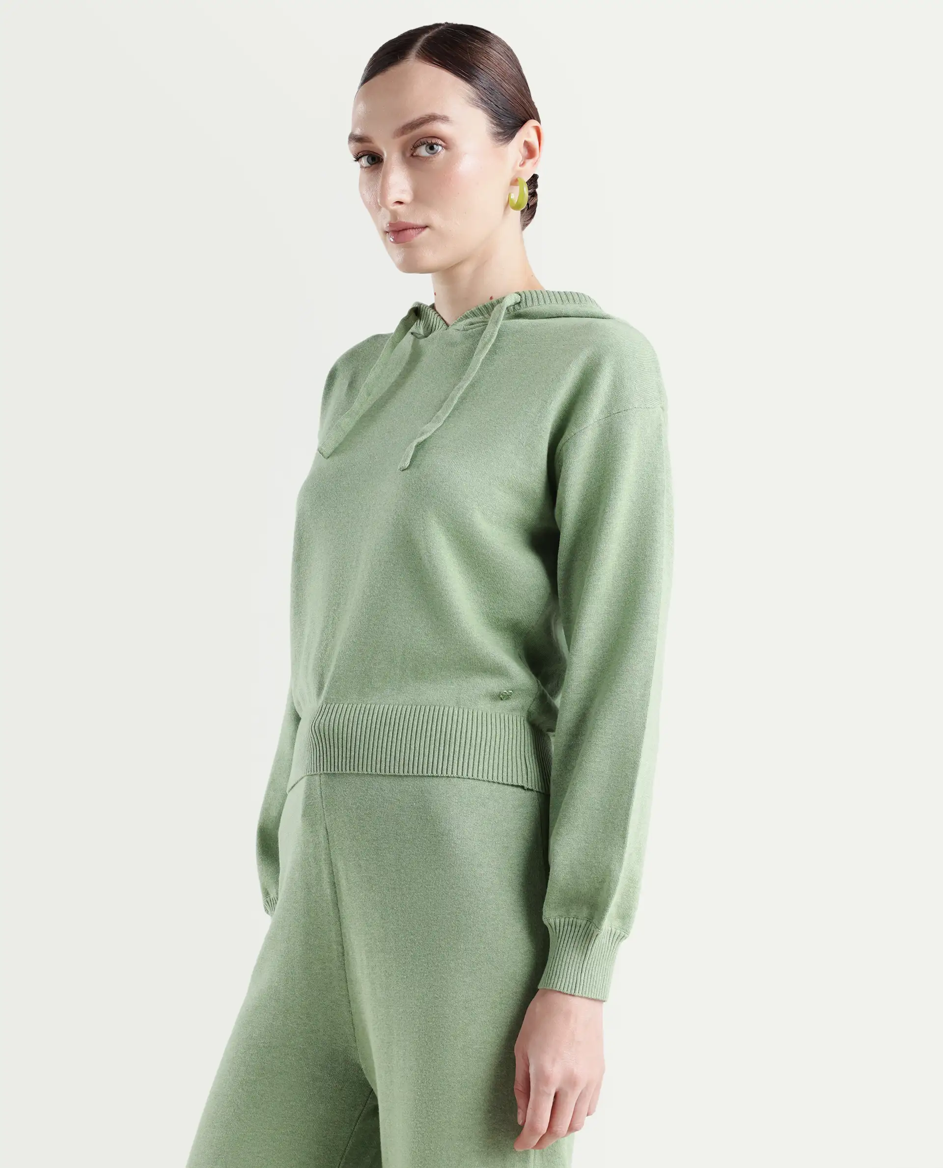 Rareism Women's Finnet T Dusky Green Knit Hooded Plain Relaxed Fit Sweater - Image 5