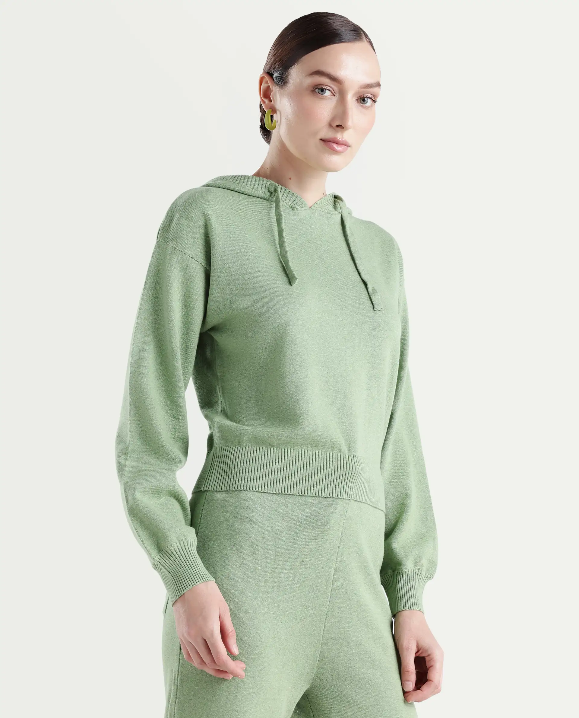 Rareism Women's Finnet T Dusky Green Knit Hooded Plain Relaxed Fit Sweater - Image 6