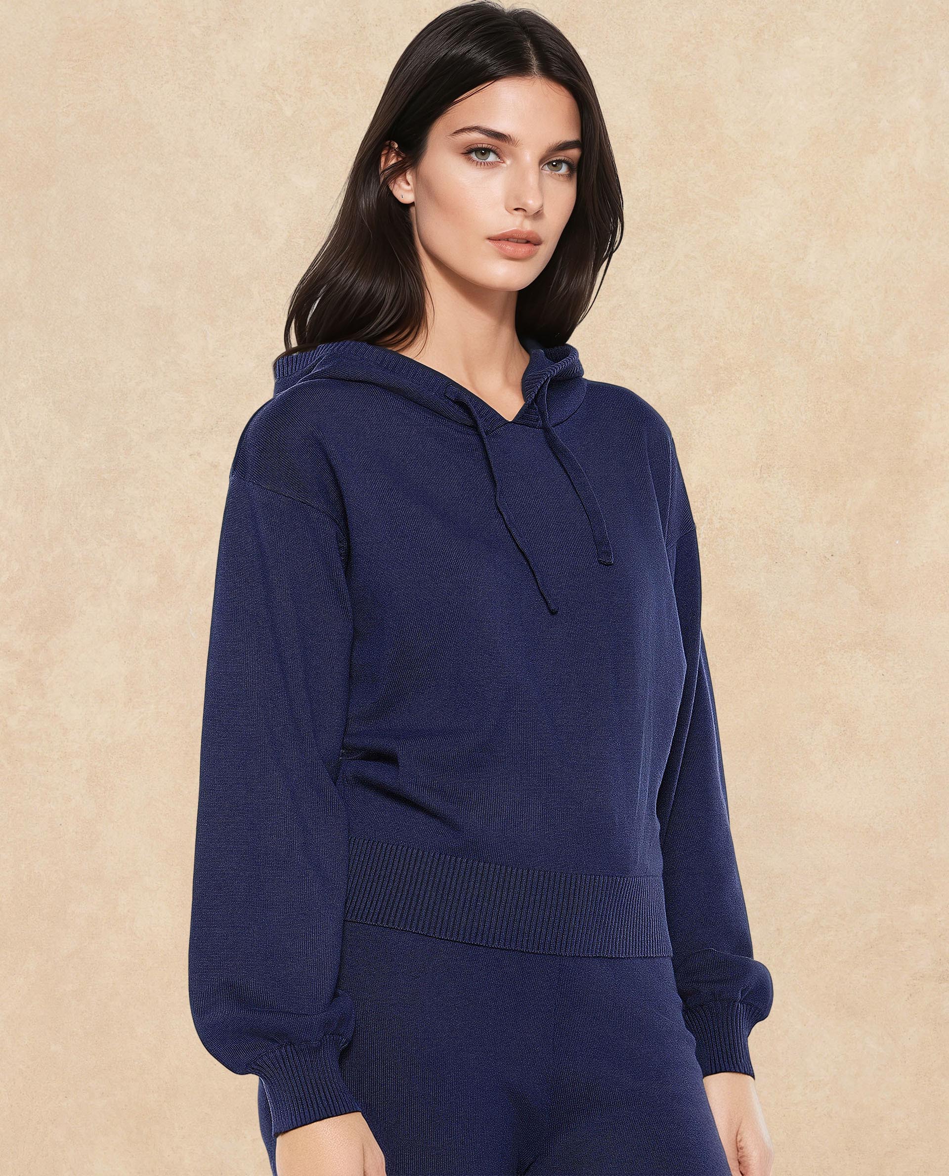 Rareism Women's Finnet T Navy Knit Hooded Plain Relaxed Fit Sweater