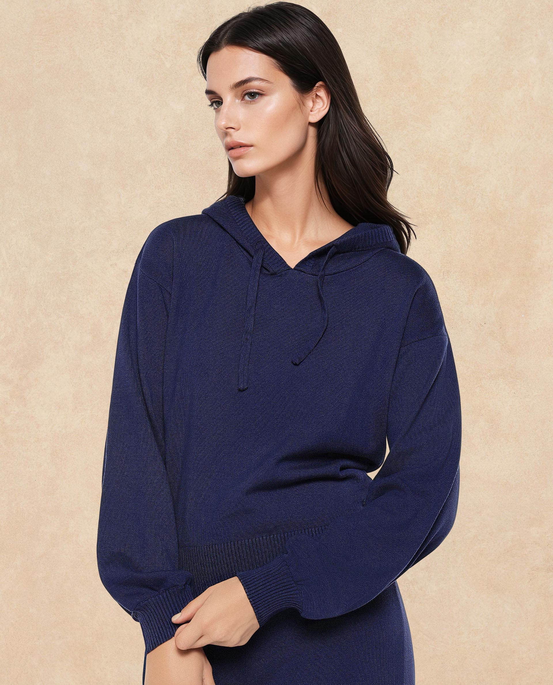 Rareism Women's Finnet T Navy Knit Hooded Plain Relaxed Fit Sweater - Image 4