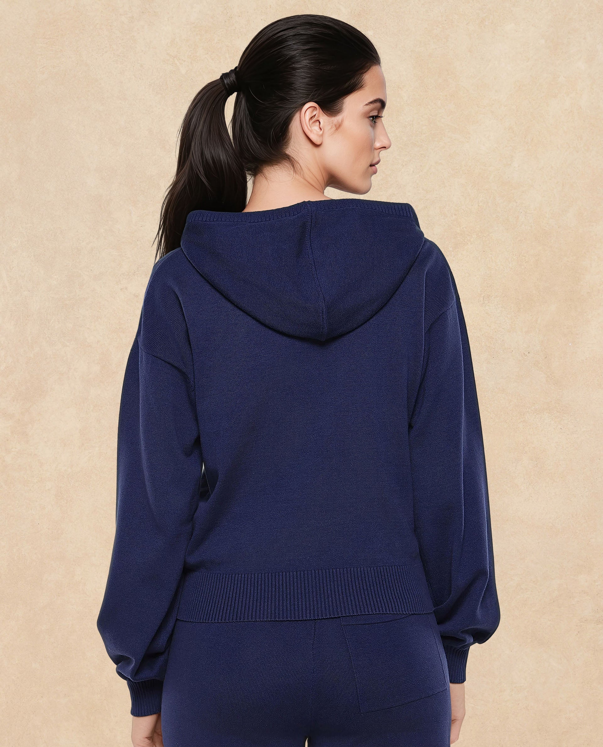 Rareism Women's Finnet T Navy Knit Hooded Plain Relaxed Fit Sweater - Image 5