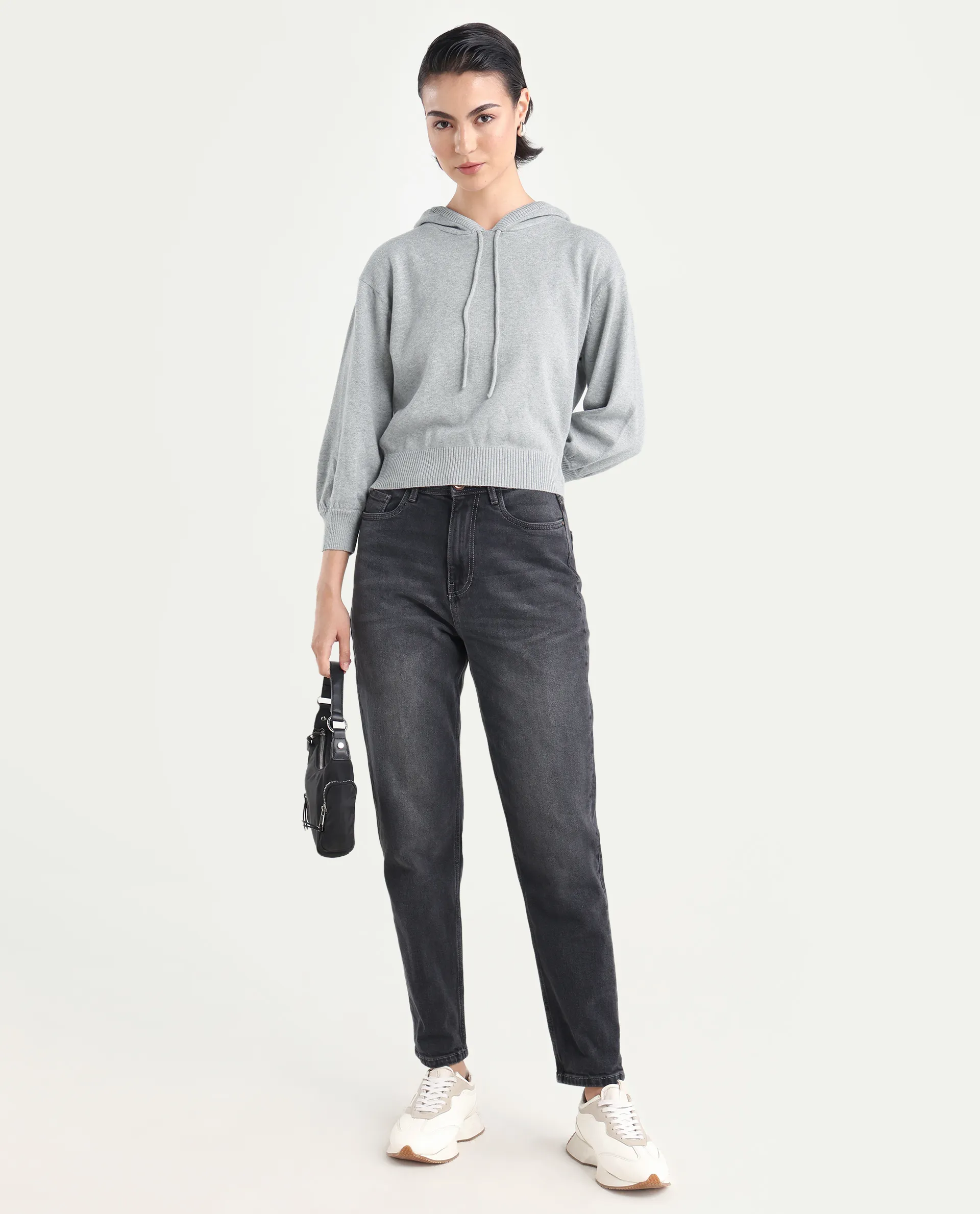 Rareism Women's Finn Sweat Grey Cotton Hooded Plain Relaxed Fit Sweater - Image 2