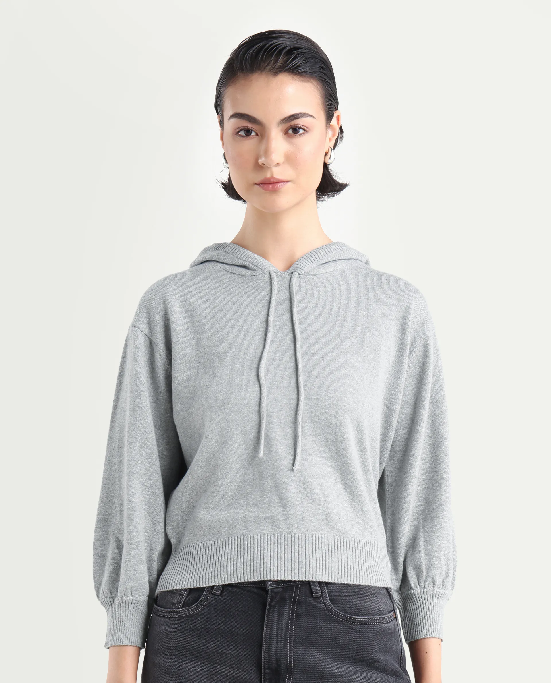Rareism Women's Finn Sweat Grey Cotton Hooded Plain Relaxed Fit Sweater - Image 3