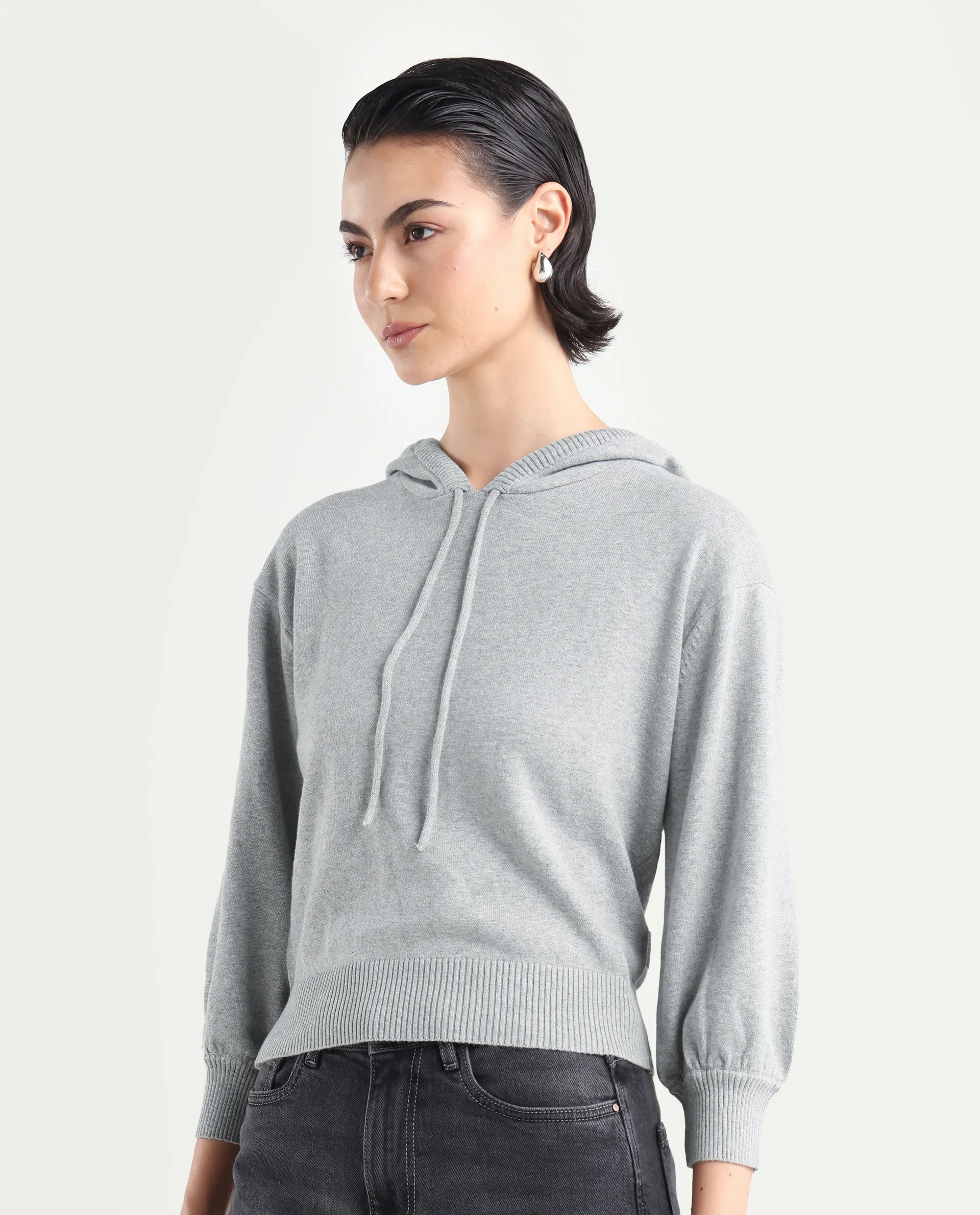 Rareism Women's Finn Sweat Grey Cotton Hooded Plain Relaxed Fit Sweater - Image 5