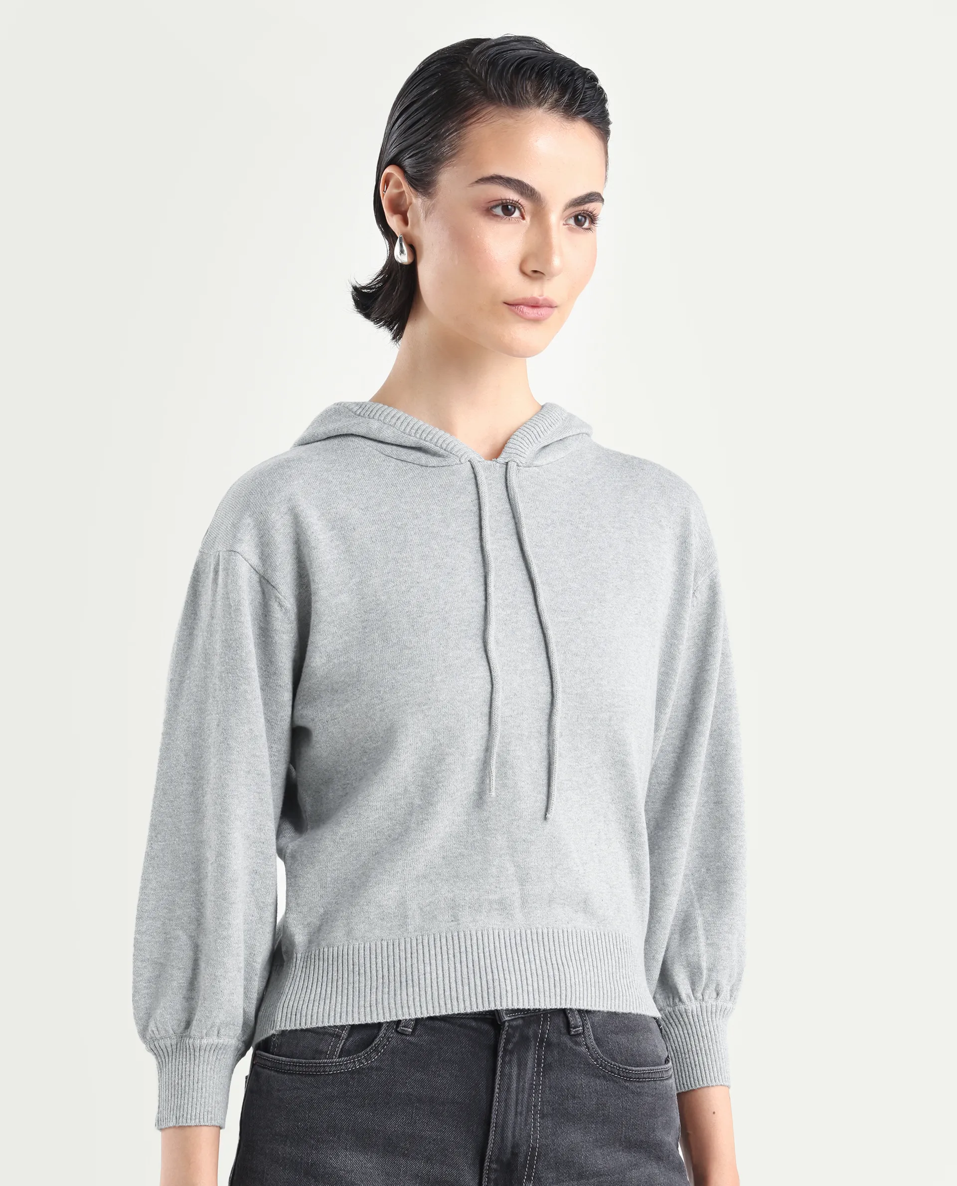 Rareism Women's Finn Sweat Grey Cotton Hooded Plain Relaxed Fit Sweater - Image 6