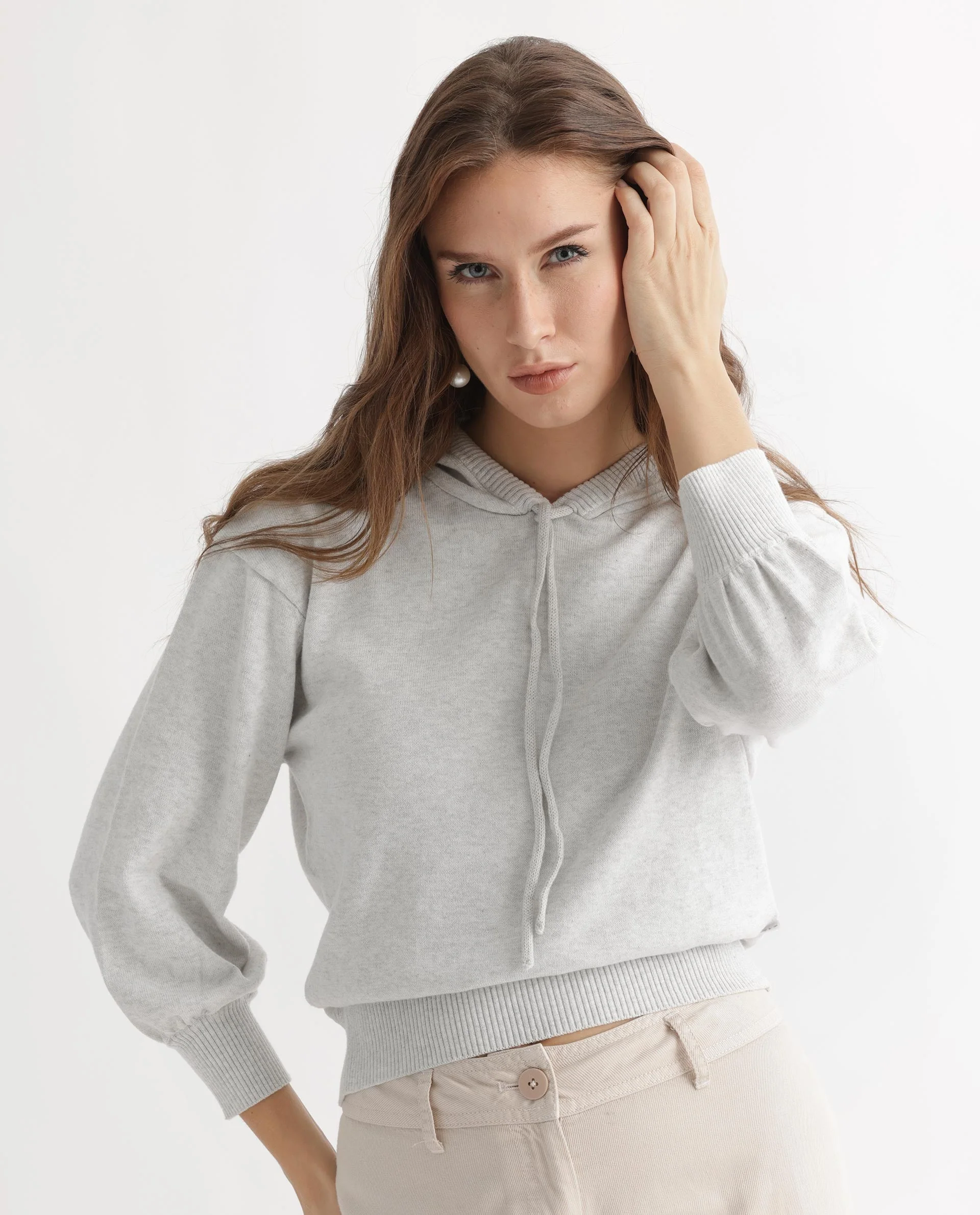 Rareism Women's Finn Sweat Offwhite Cotton Hooded Plain Relaxed Fit Sweater - Image 13