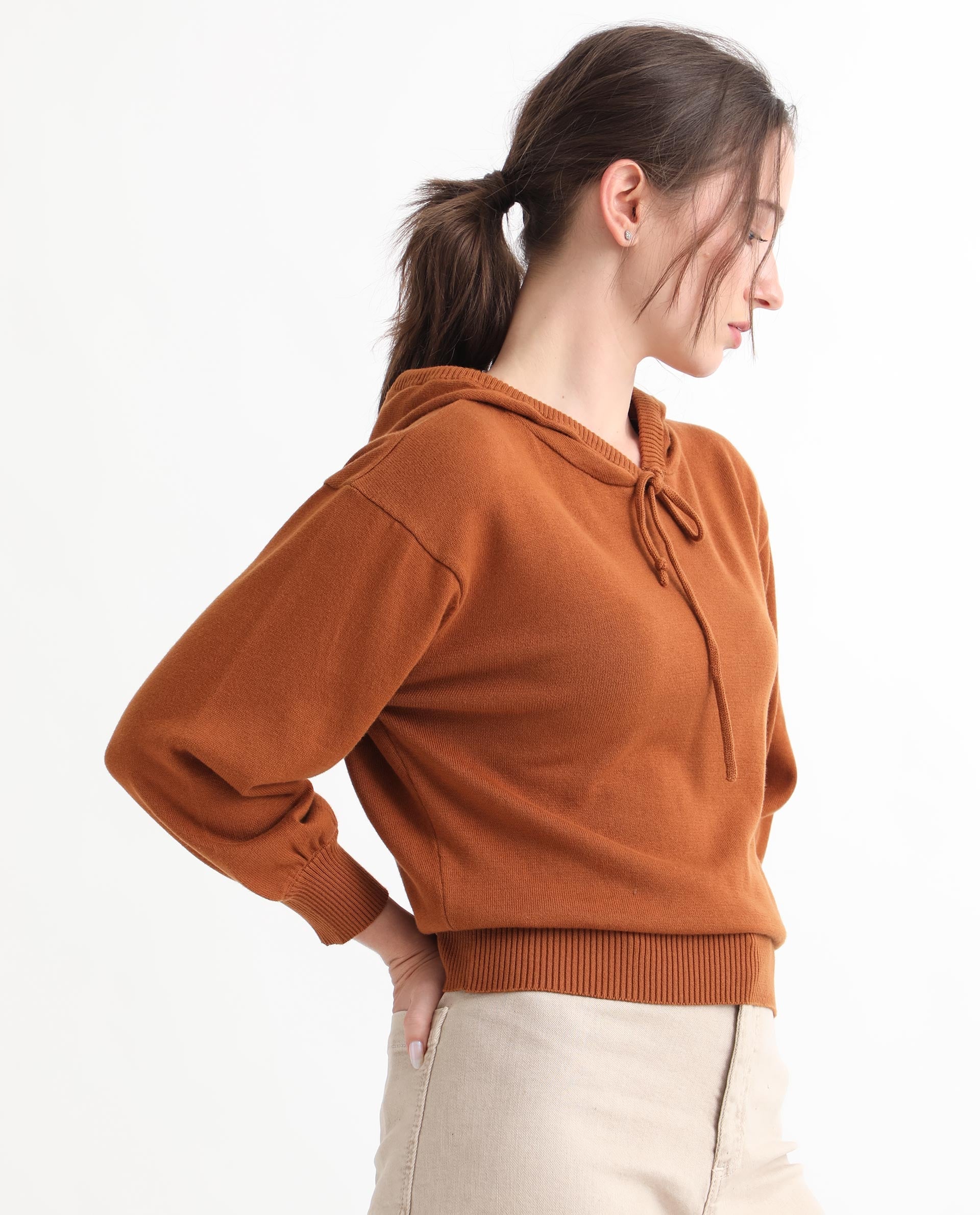 Rareism Women's Finn Sweat Rust Cotton Hooded Plain Relaxed Fit Sweater - Image 13