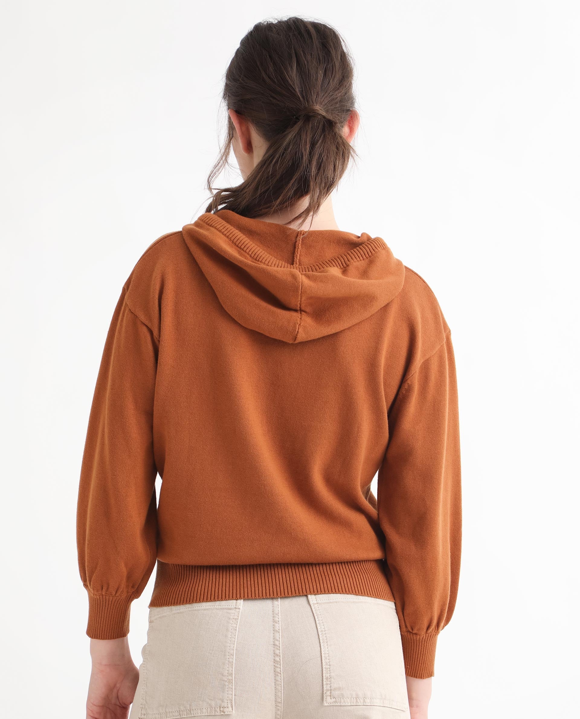 Rareism Women's Finn Sweat Rust Cotton Hooded Plain Relaxed Fit Sweater - Image 14