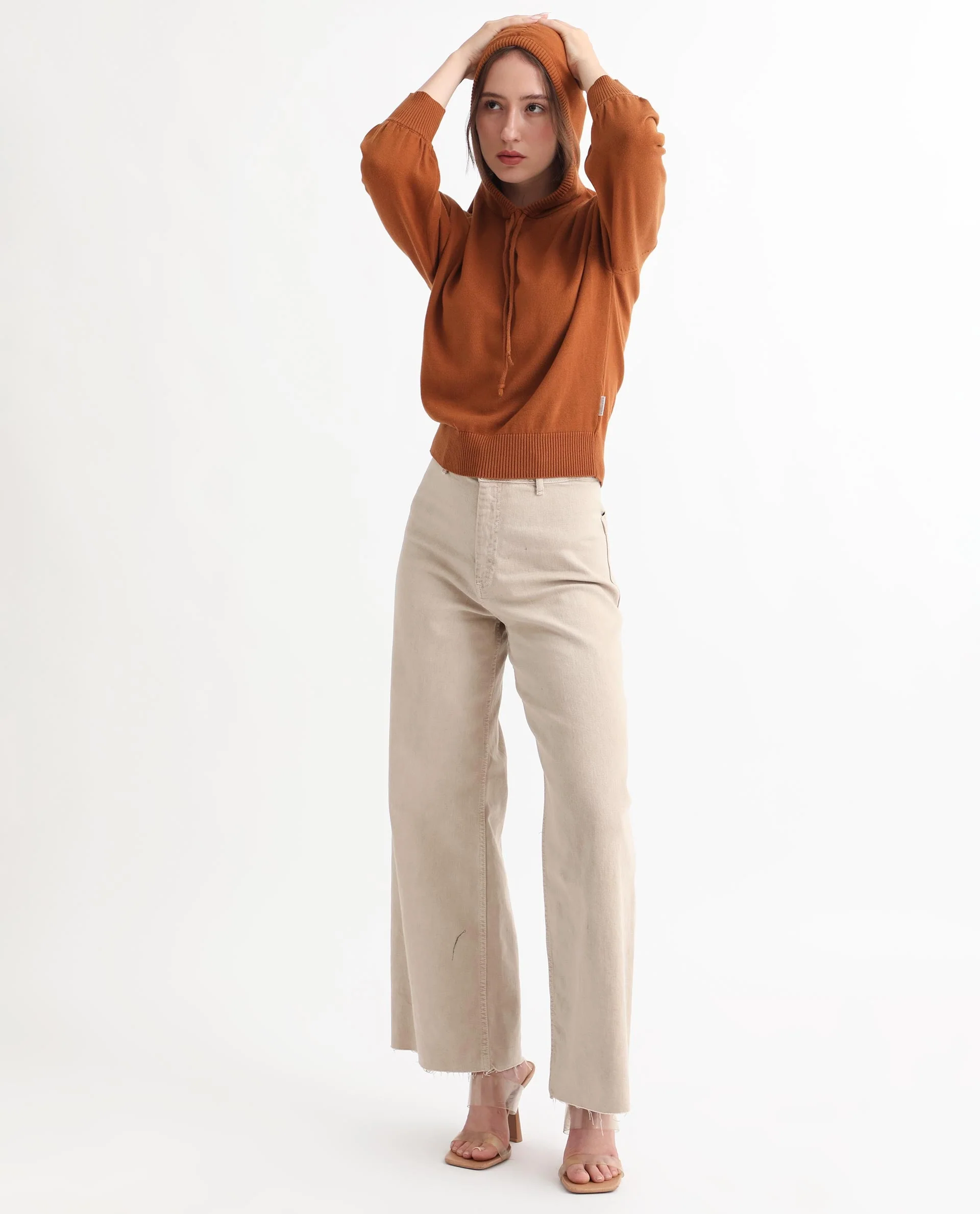 Rareism Women's Finn Sweat Rust Cotton Hooded Plain Relaxed Fit Sweater - Image 3