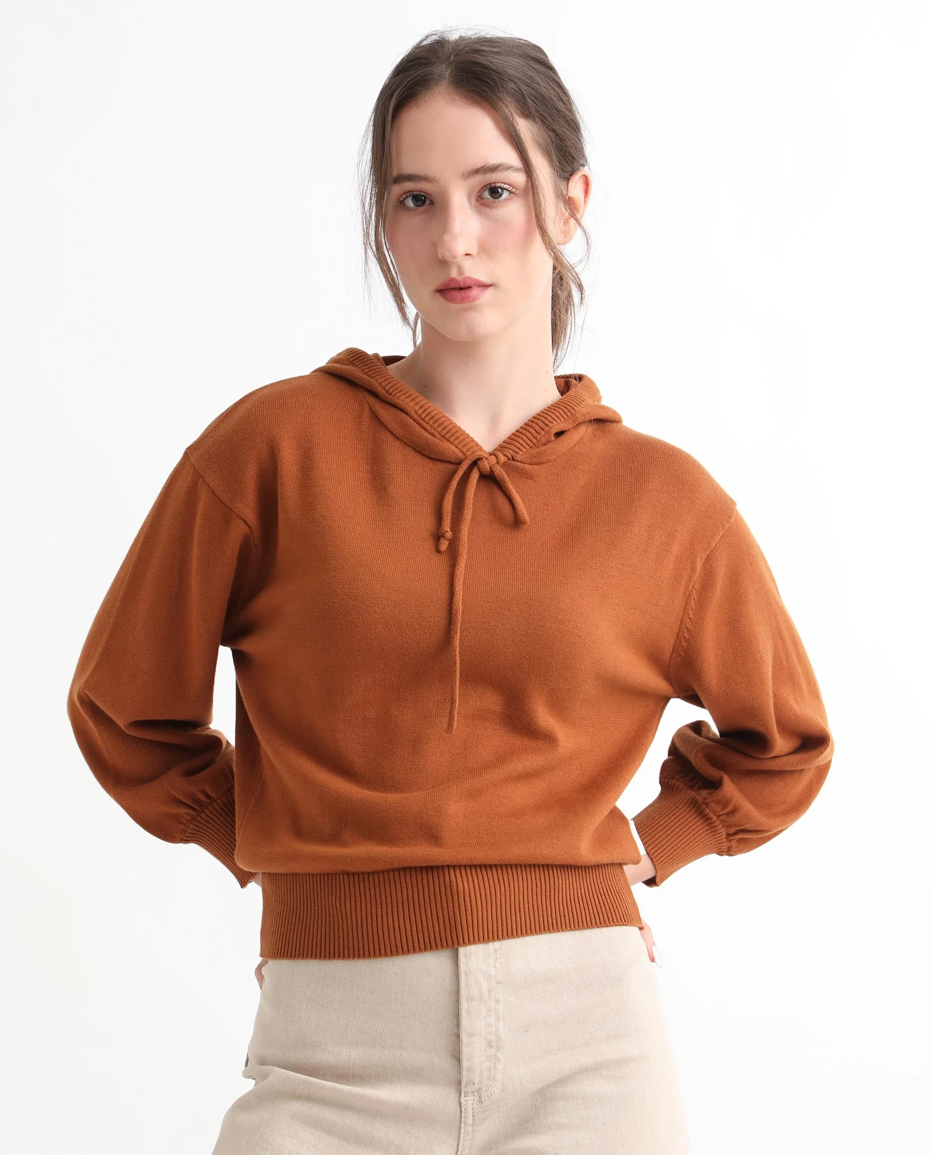 Rareism Women's Finn Sweat Rust Cotton Hooded Plain Relaxed Fit Sweater - Image 4