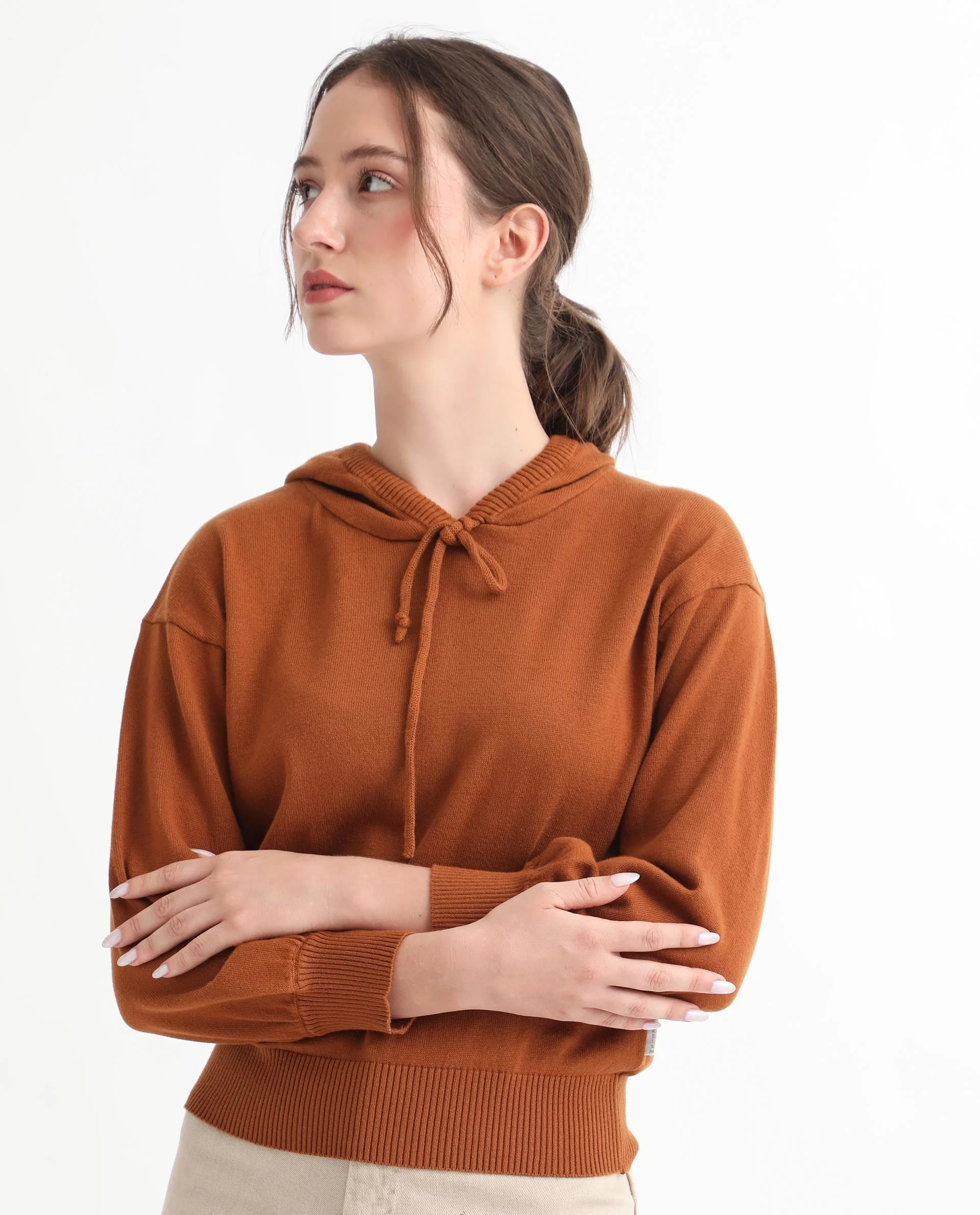 Rareism Women's Finn Sweat Rust Cotton Hooded Plain Relaxed Fit Sweater - Image 5