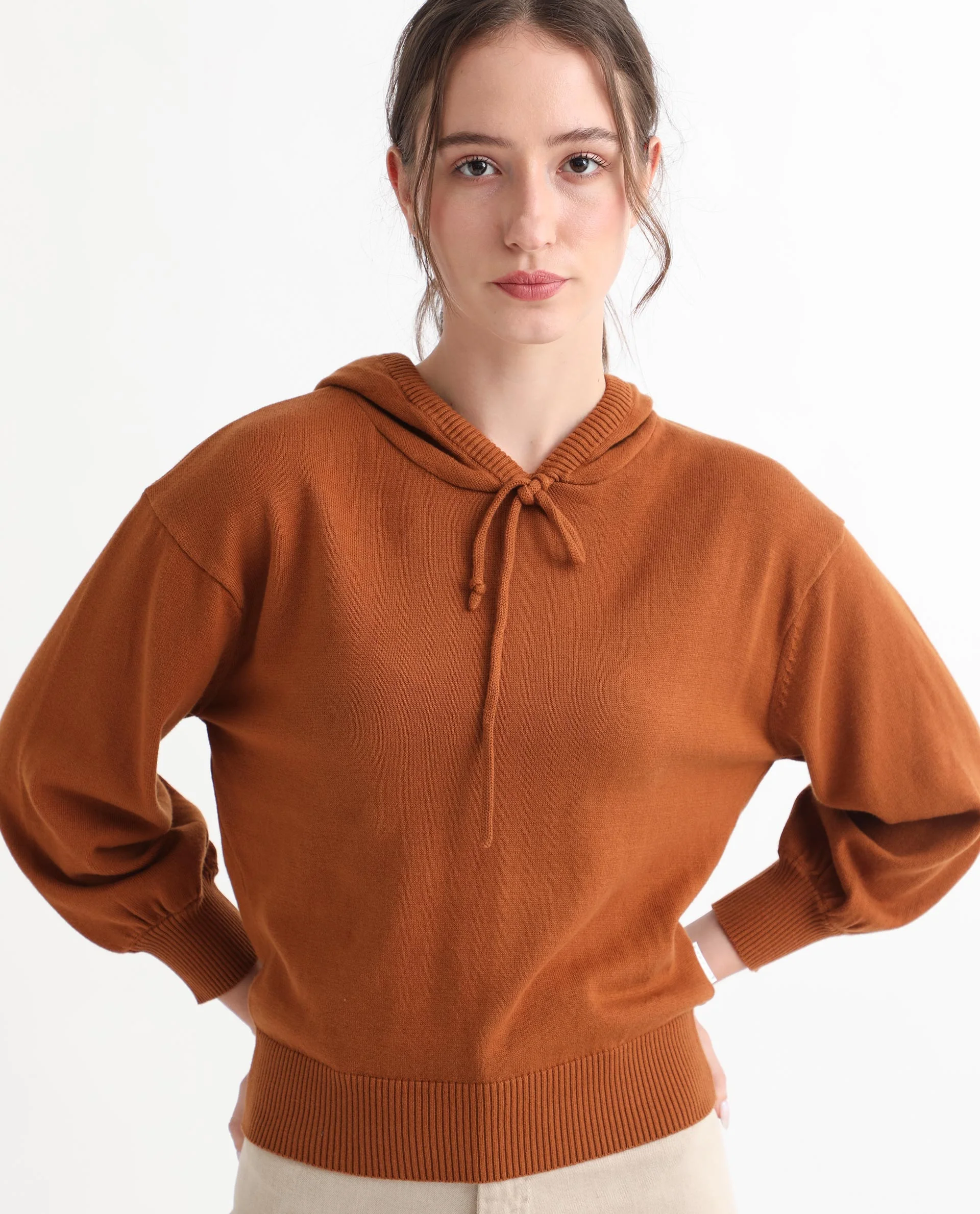 Rareism Women's Finn Sweat Rust Cotton Hooded Plain Relaxed Fit Sweater - Image 6
