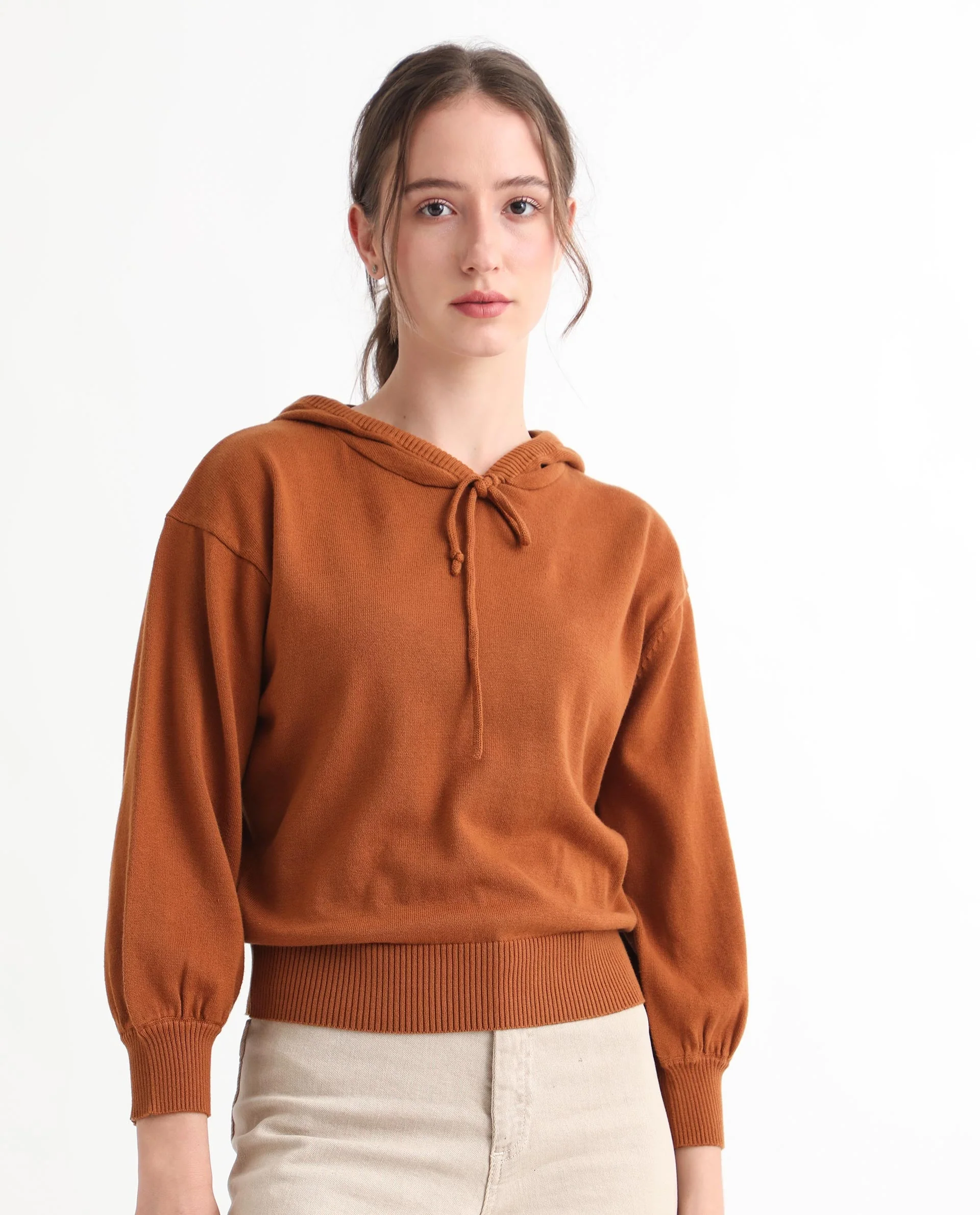 Rareism Women's Finn Sweat Rust Cotton Hooded Plain Relaxed Fit Sweater - Image 7