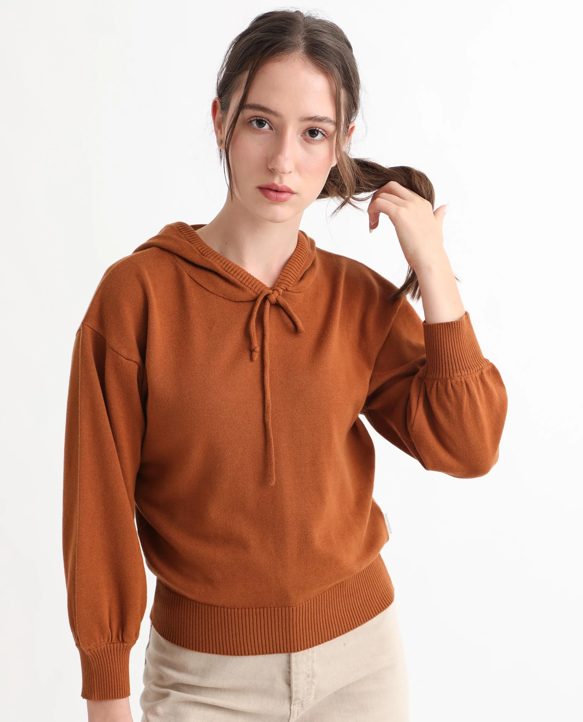 Rareism Women's Finn Sweat Rust Cotton Hooded Plain Relaxed Fit Sweater - Image 8